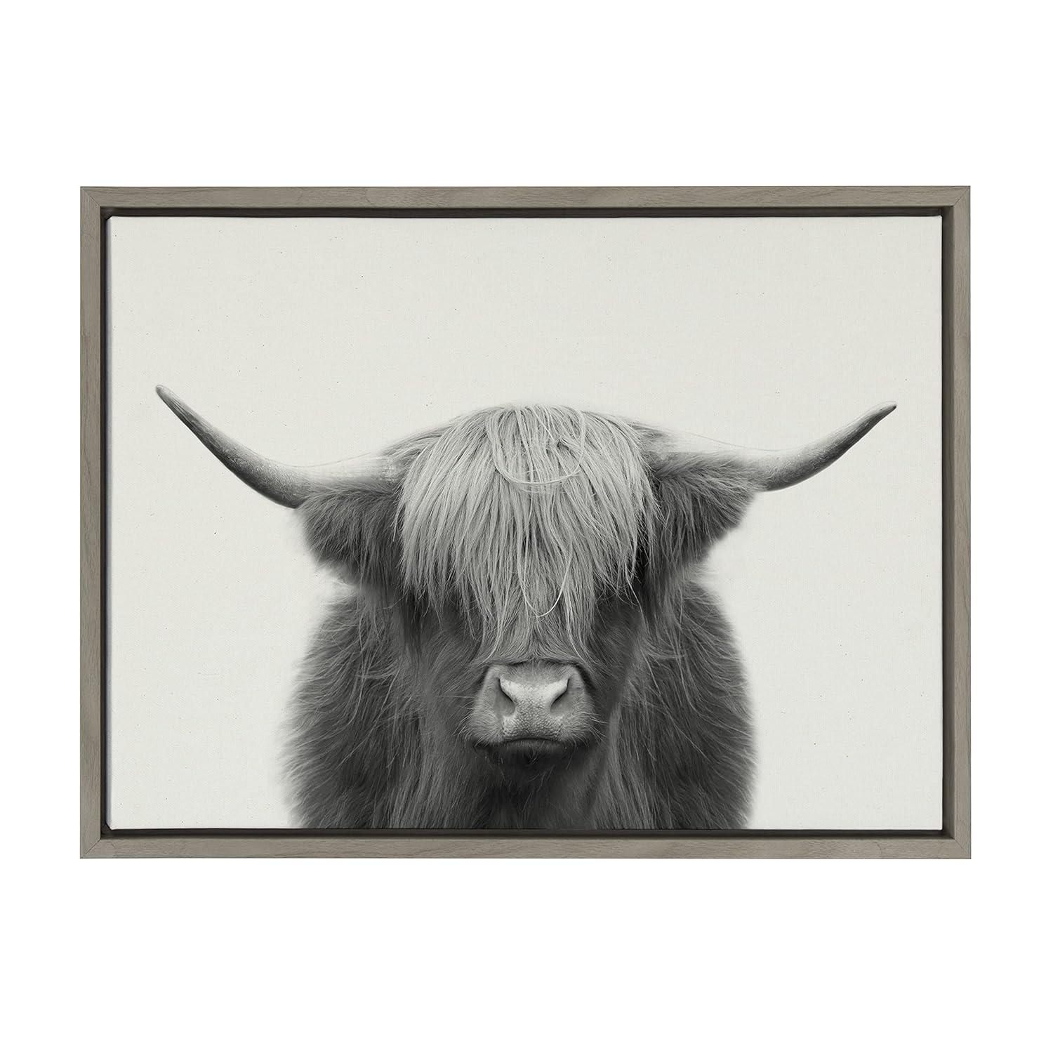 Kate and Laurel Sylvie Hey Dude Highland Cow Framed Linen Canvas by The Creative Bunch Studio, 18x24, Gray