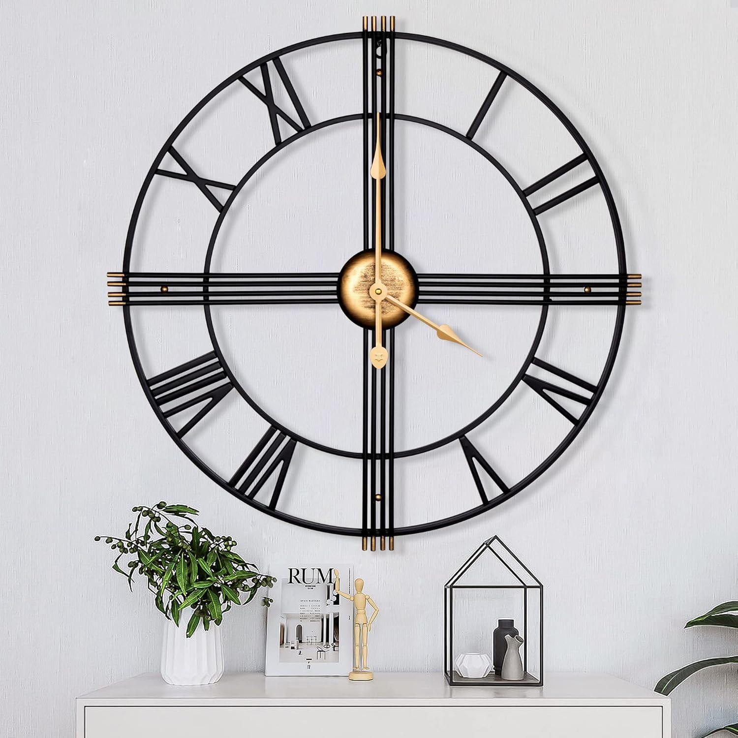 Large Wall Clock,24" Metal Decorative Round Wall Clocks,Quality Quartz Movement Silent Retro Roman Numerals Clock for Living Room Bedroom Kitchen Decor