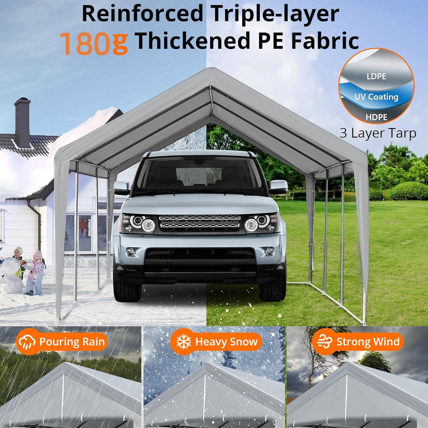 Aoile 10'x20' Heavy Duty Steel Carport, Outdoor Car Canopy Portable Garage with Removable Sidewalls & Zipper Doors