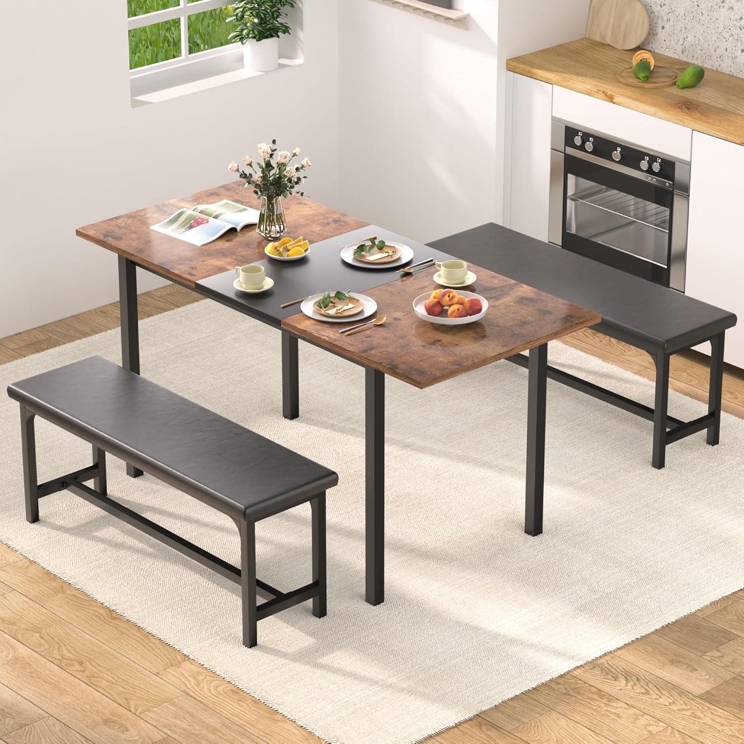 VECELO 63" Extendable Dining Table Set for 4-6, Modern 3-Piece Kitchen Table Set with 2 Upholstered Benches, Kitchen Table Set with Metal Frame & Wooden Board, Brown