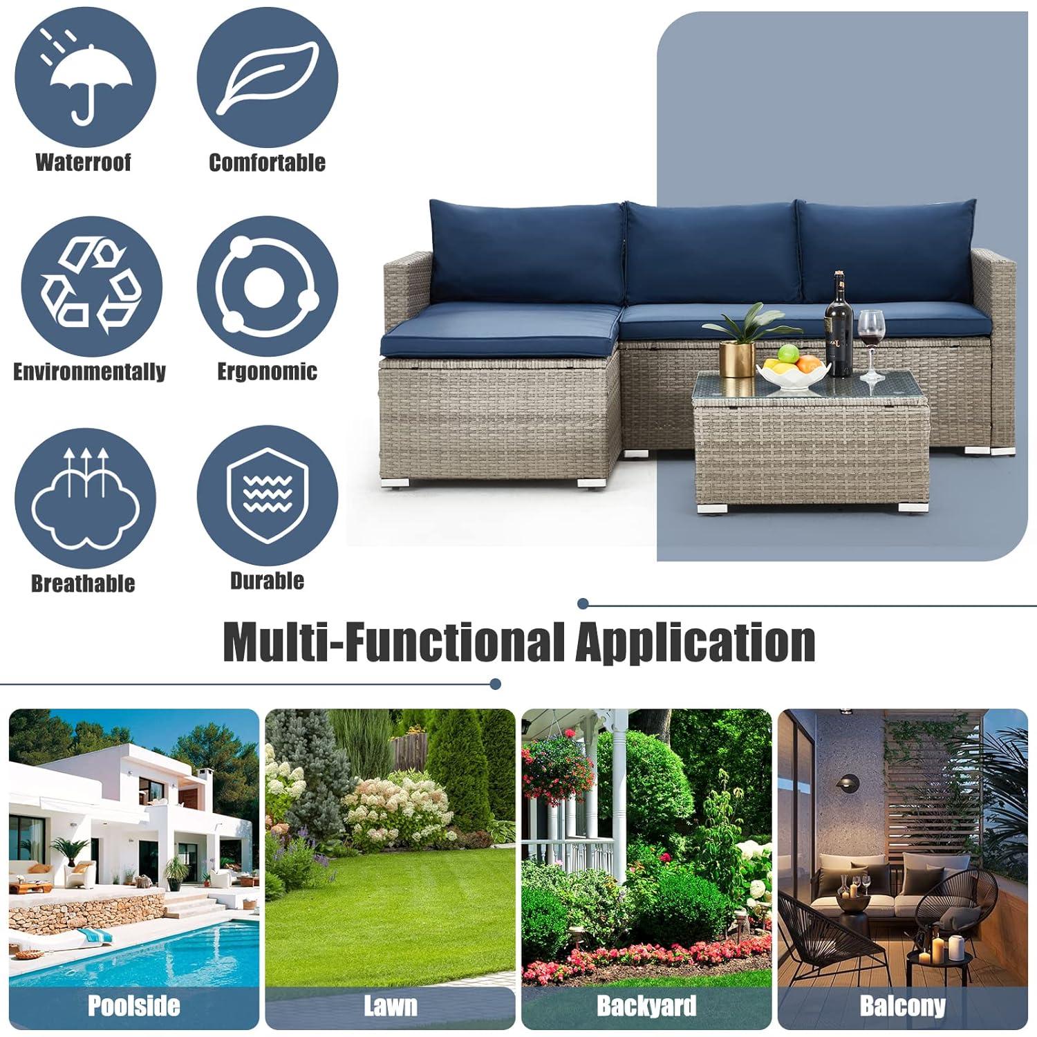 AVAWING Outdoor Patio Furniture Sets, All-Weather Sectional Sofa with Tempered Glass Table, 3 Pieces Patio Wicker Couch with Washable Cushions for Garden, Backyard and Porch （Blue）