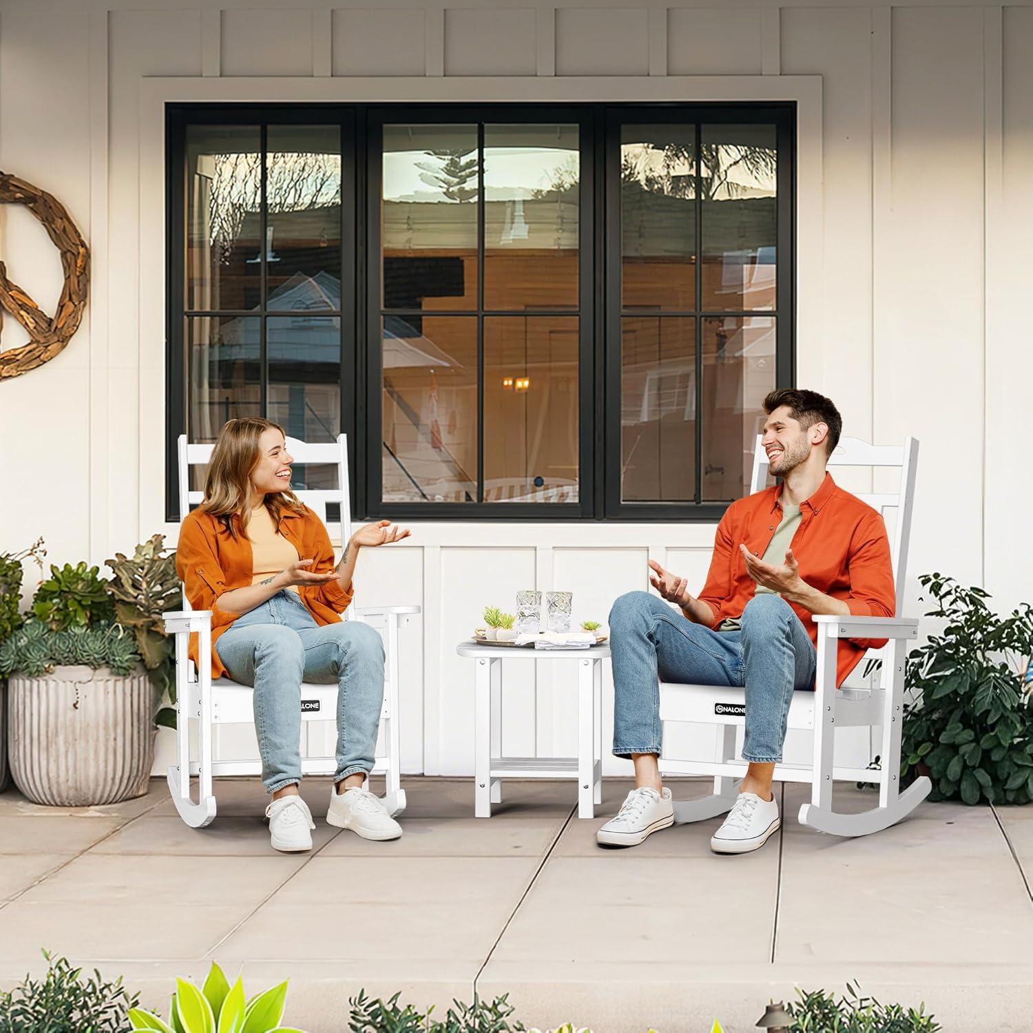 nalone Outdoor Rocking Chairs Set of 2, Oversized Porch Rocker Chair for Adult, All-Weather Resistant Patio Rocking Chair for Garden Lawn(White)