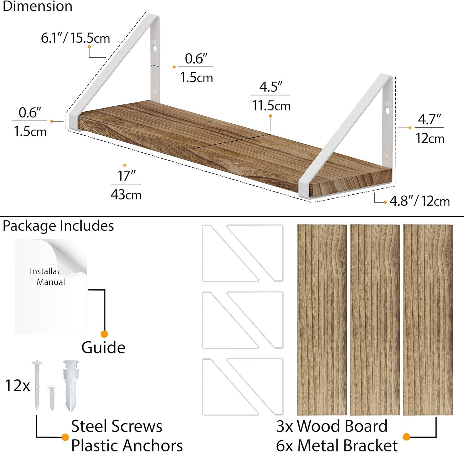 Wallniture Ponza Floating Shelves for Wall, Bathroom Shelf Wall Mounted, Set of 3, Burned Finish Wood Shelves with White Shelf Brackets