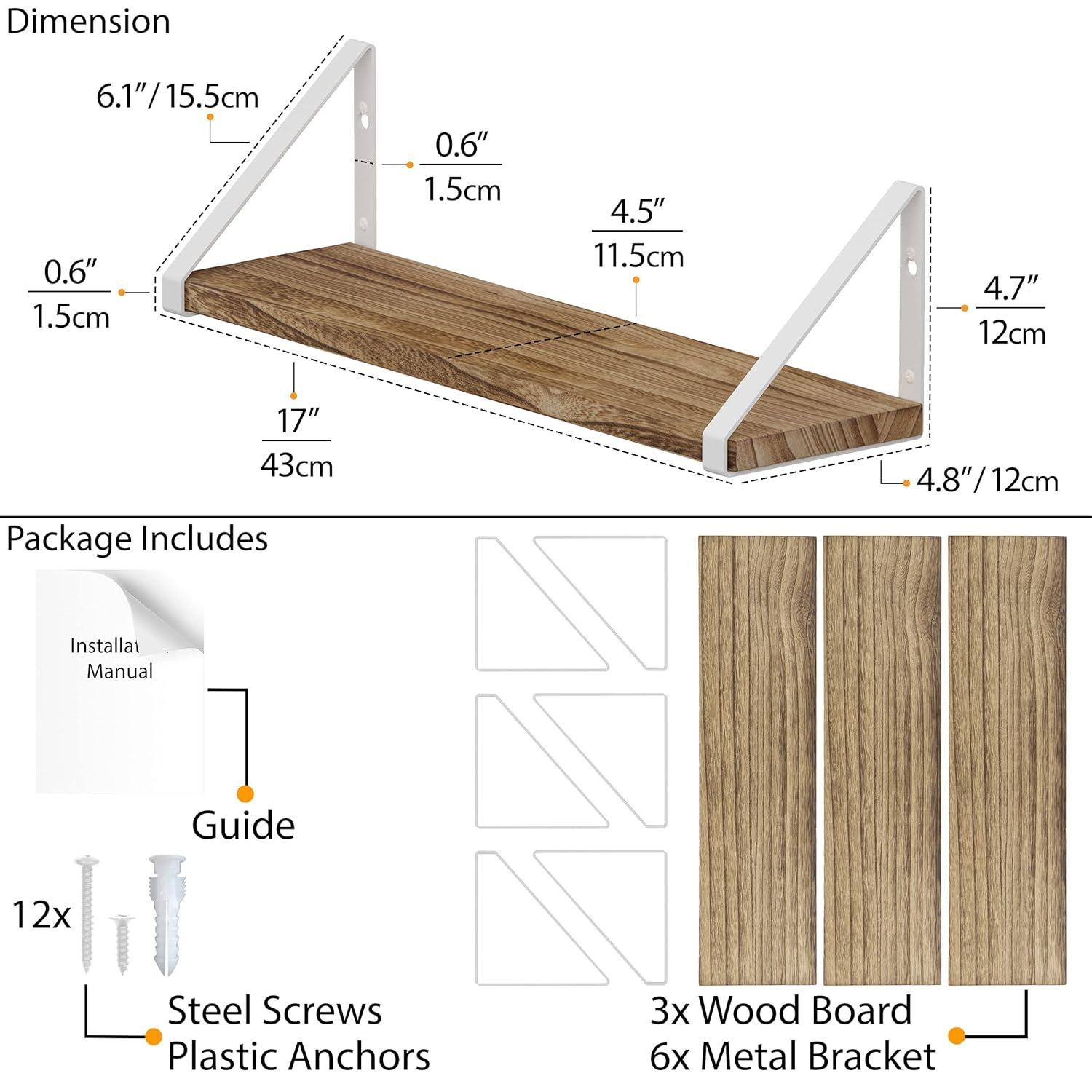 Wallniture Ponza Floating Shelves for Wall, Bathroom Shelf Wall Mounted, Set of 3, Burned Finish Wood Shelves with White Shelf Brackets