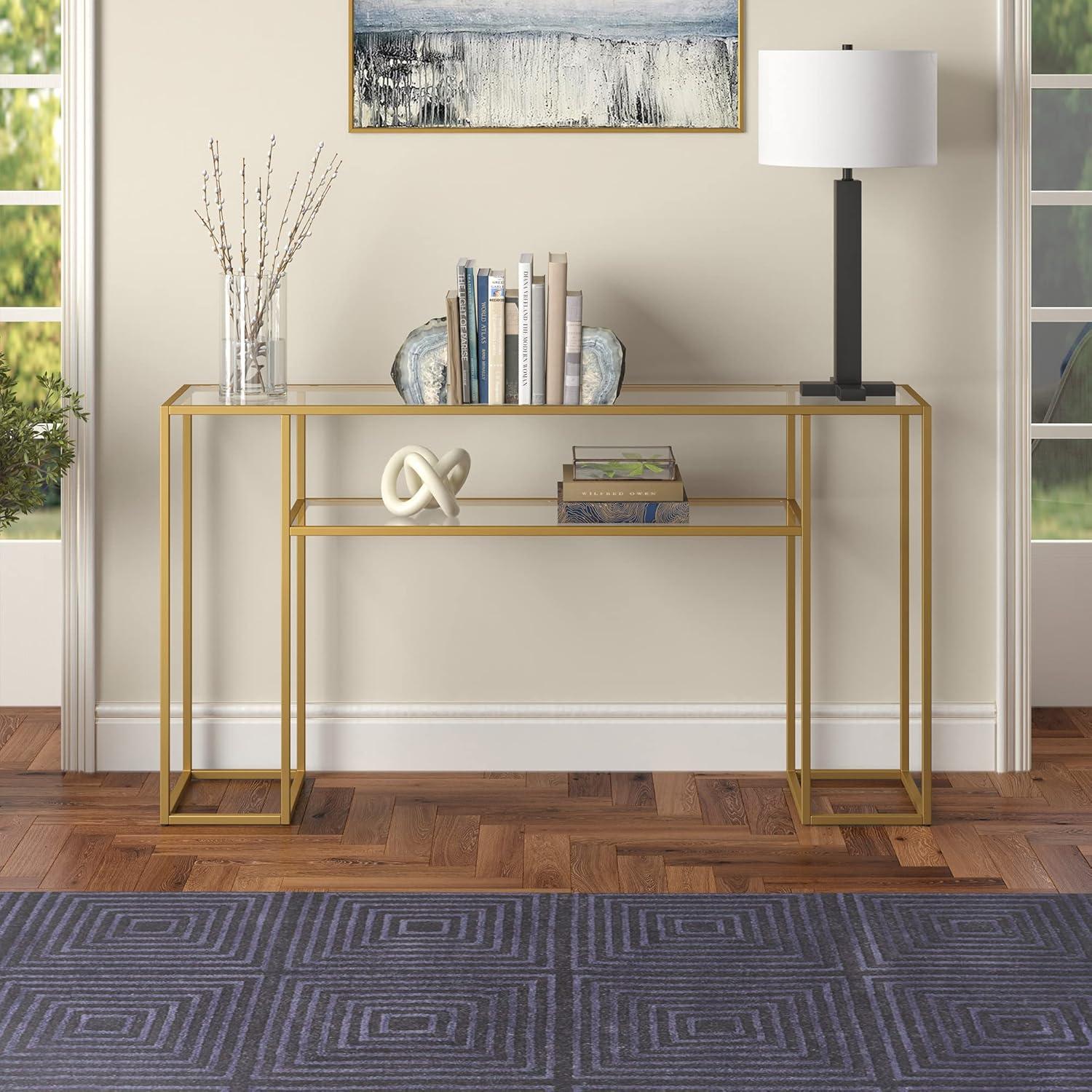 Evelyn&Zoe Marilyn 55" Wide Rectangular Console Table, Brass