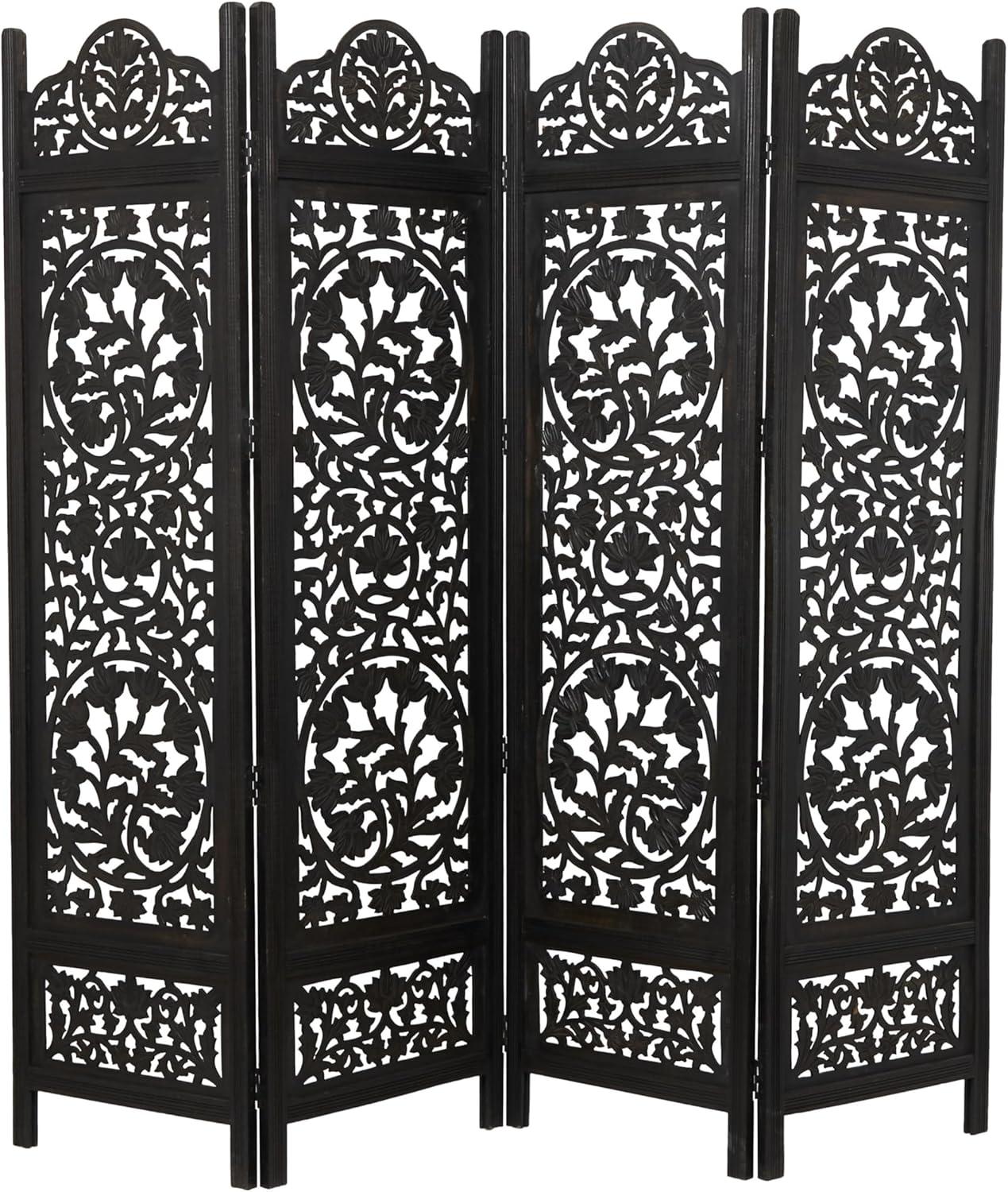 DecMode 80" x 72" Black Wood Floral Handmade Hinged Foldable Partition 4 Panel Room Divider Screen with Intricately Carved Designs, 1-Piece