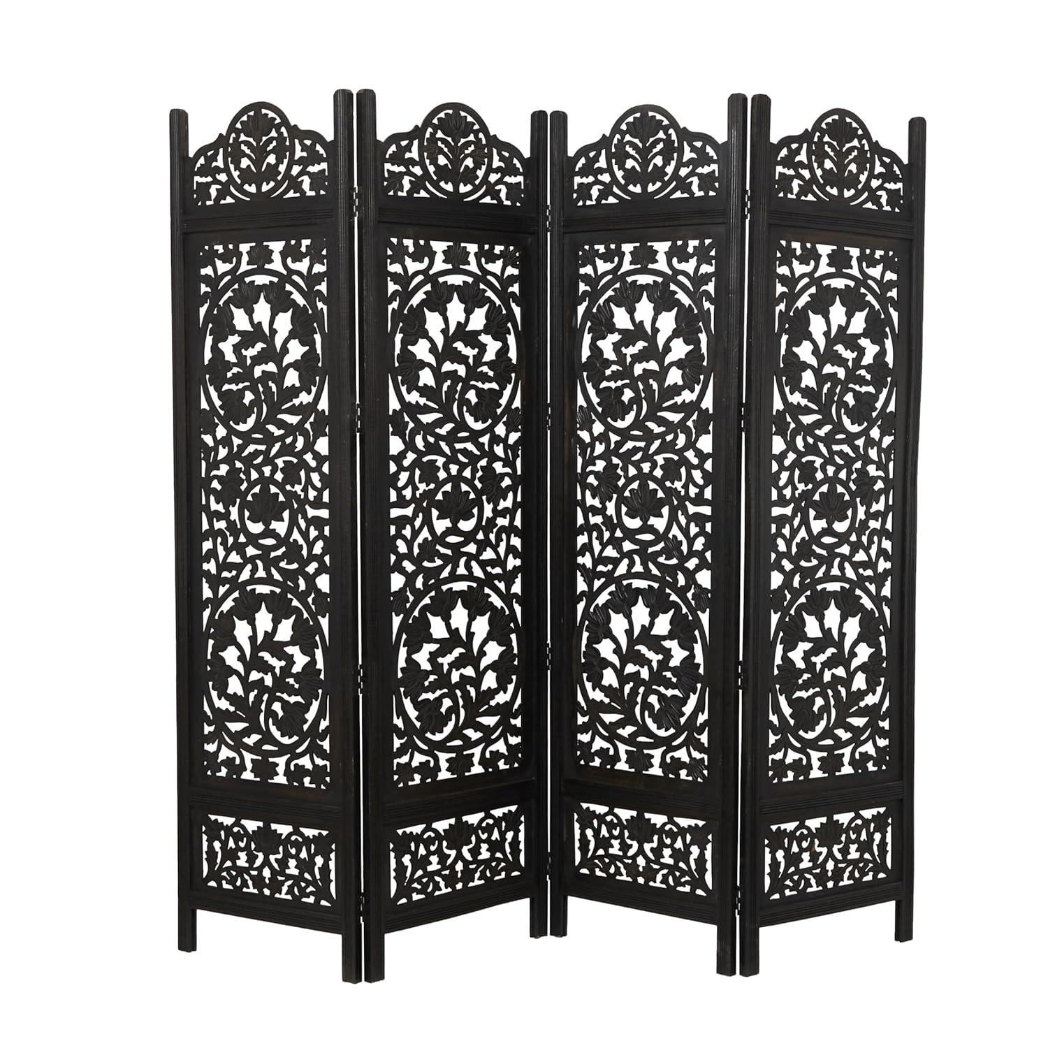 DecMode 80" x 72" Black Wood Floral Handmade Hinged Foldable Partition 4 Panel Room Divider Screen with Intricately Carved Designs, 1-Piece