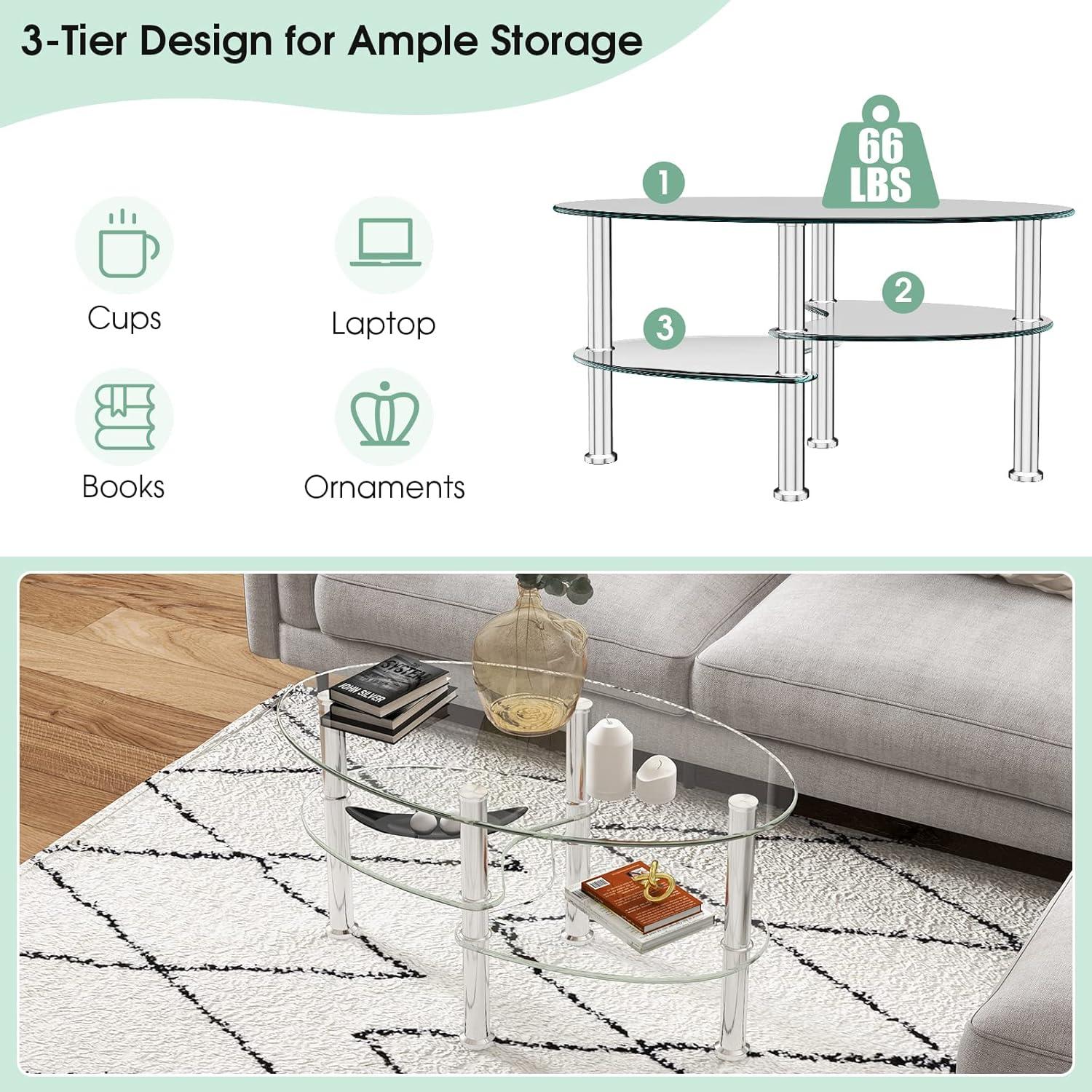 Costway Tempered Glass Oval Side Coffee Table Shelf Chrome Base Living Room Black