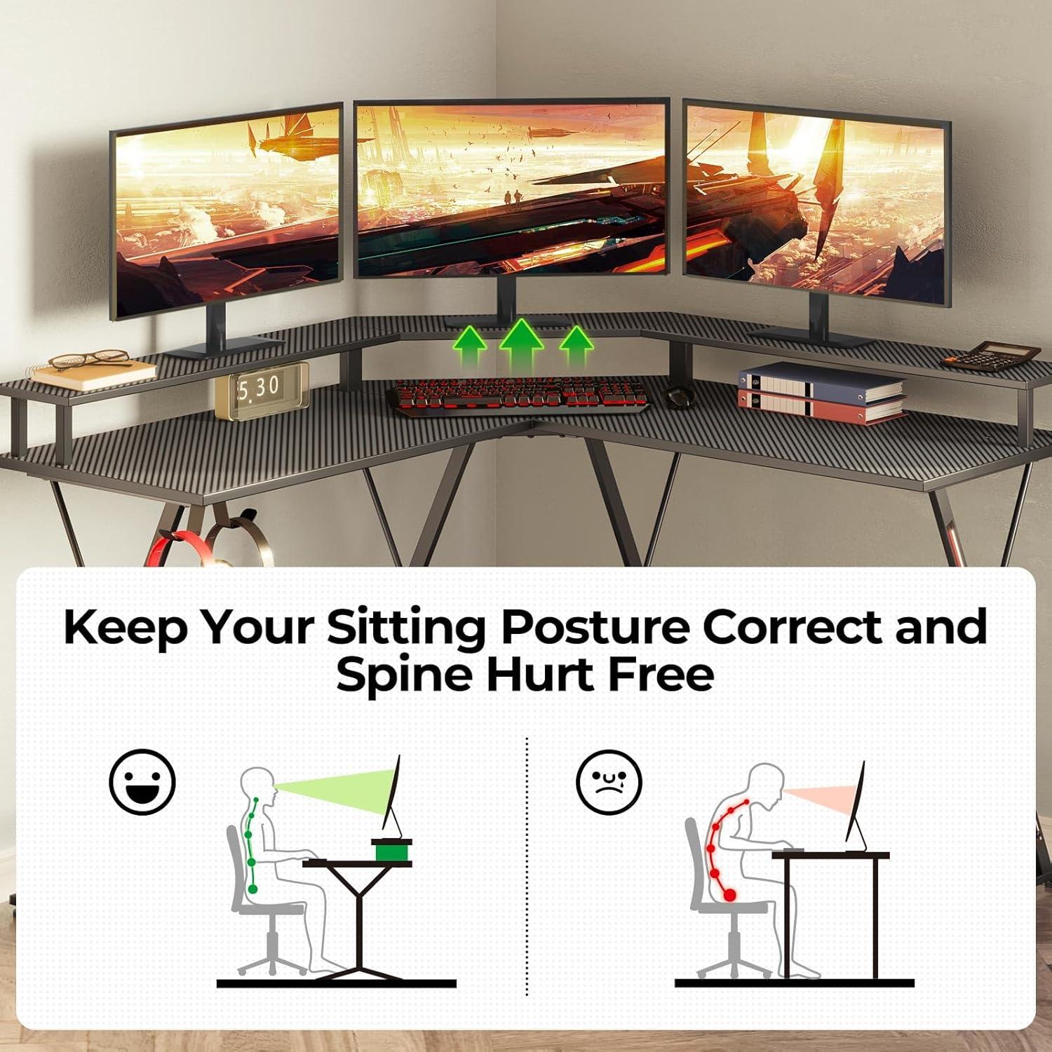 SEVEN WARRIOR L Shaped Gaming Desk with LED Lights & Power Outlets, 50.4” Computer Desk with Monitor Stand, Corner Desk with Carbon Fiber Surface, Gaming Table with Hooks, Black