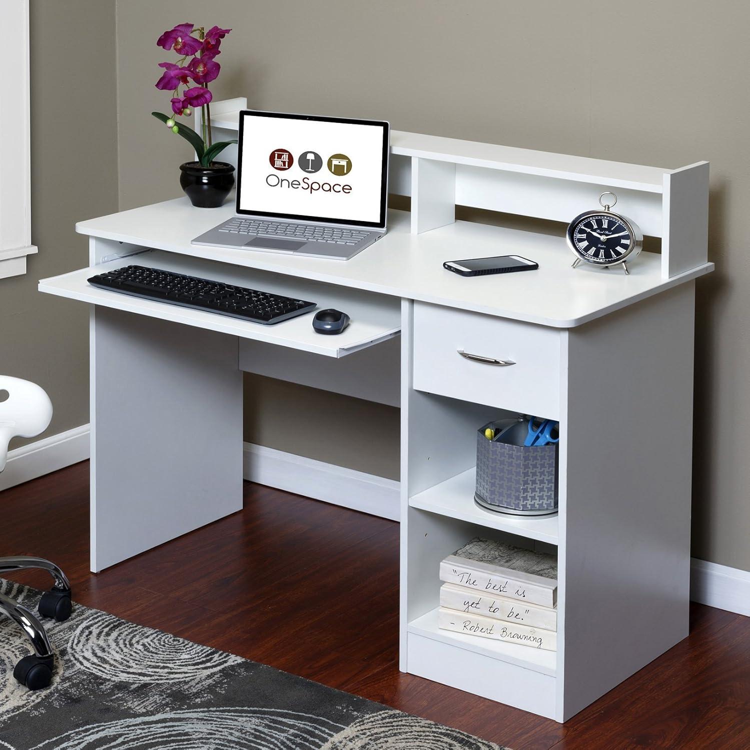 OneSpace 50-LD0101 Essential Computer Desk with Hutch and Keyboard Tray, White Finish