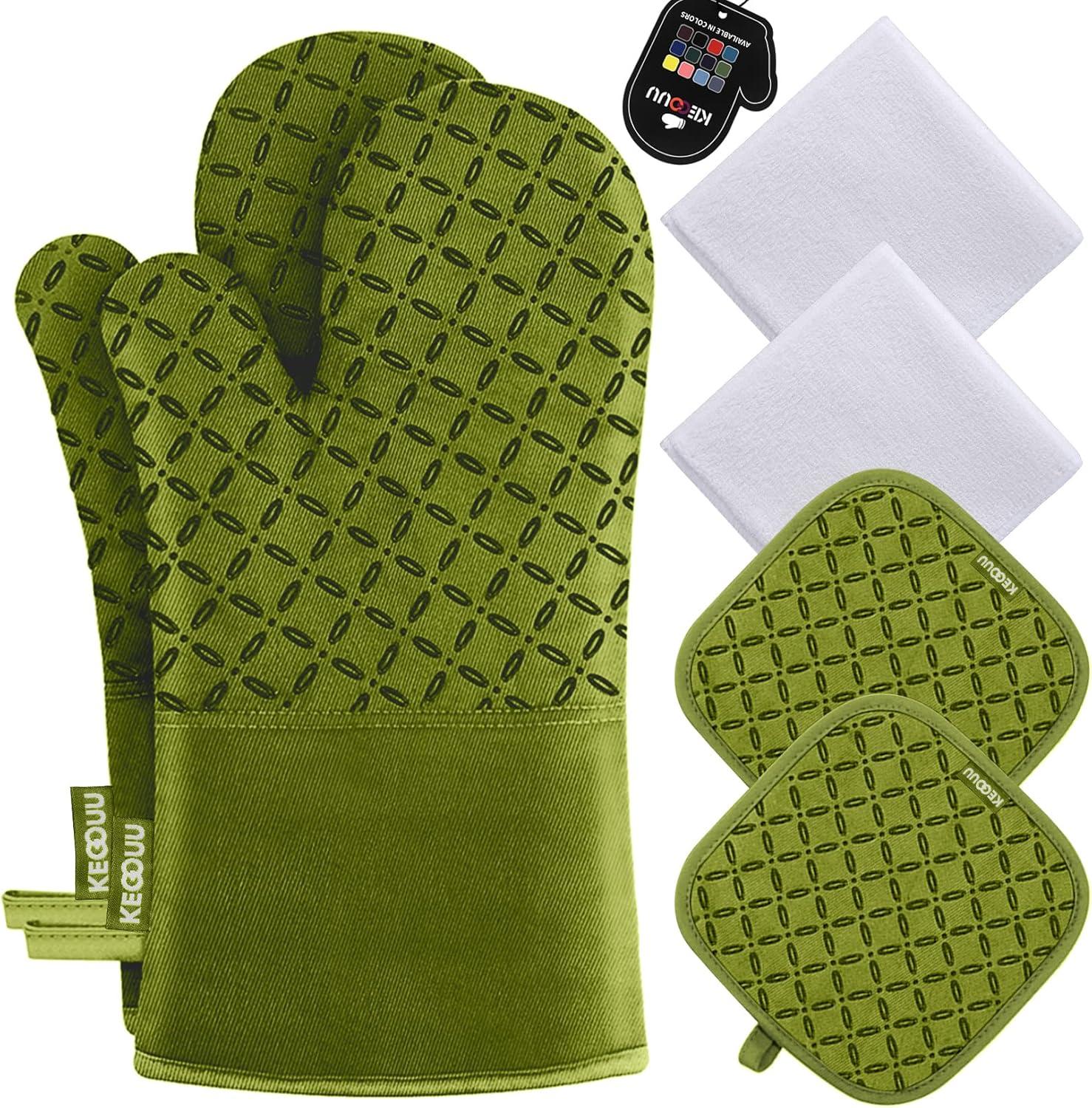 Olive Drab Silicone Oven Mitts and Pot Holders Set, 6 Pieces