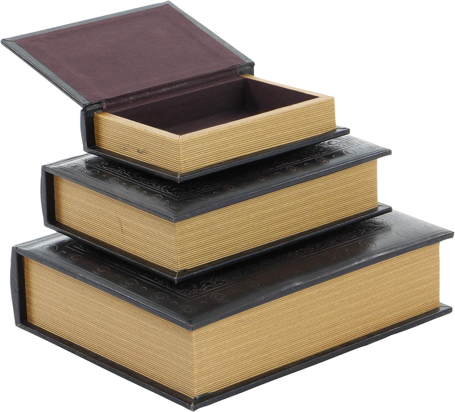 Vintage Illustration Dark Brown Wood & Faux Leather Decorative Book Box Set of 3