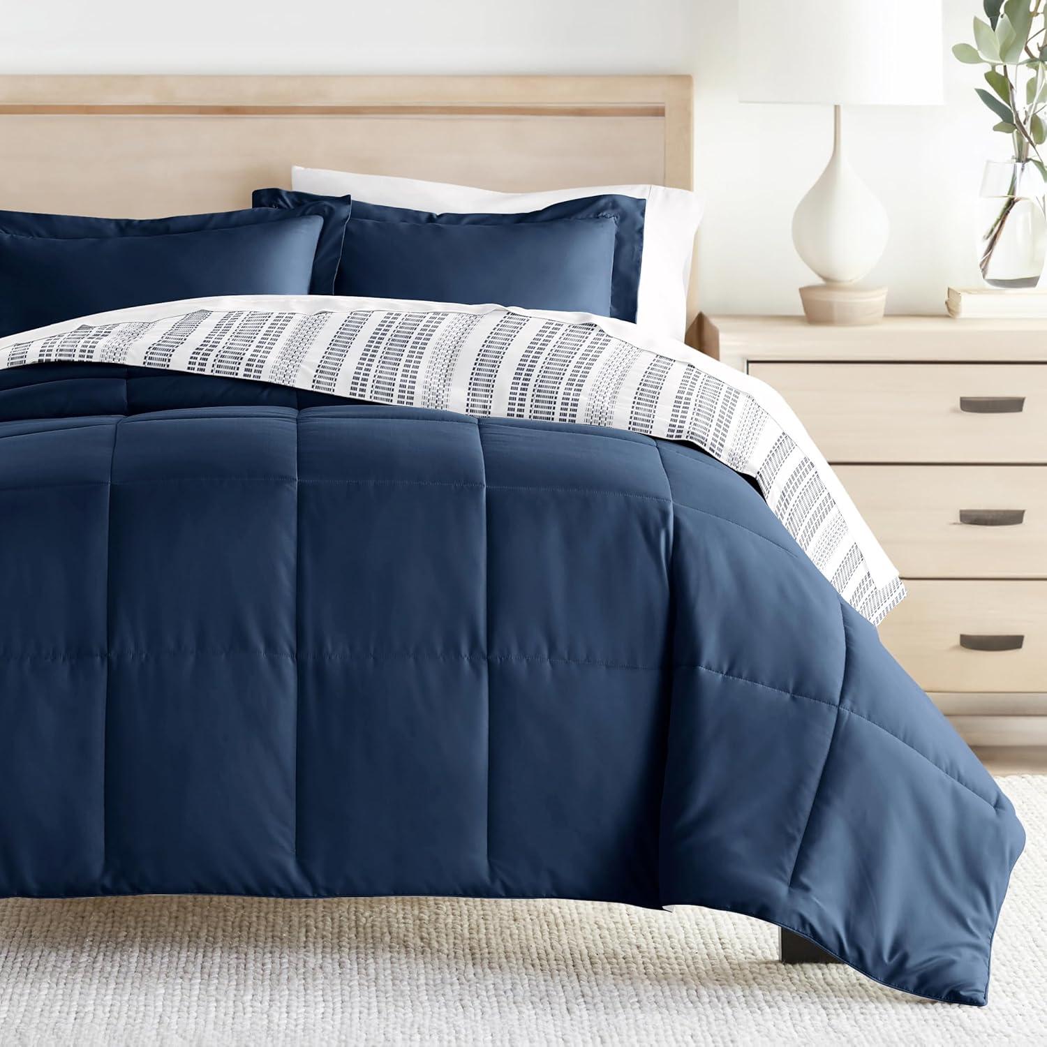 Navy and White Reversible Full Comforter Set with Microfiber