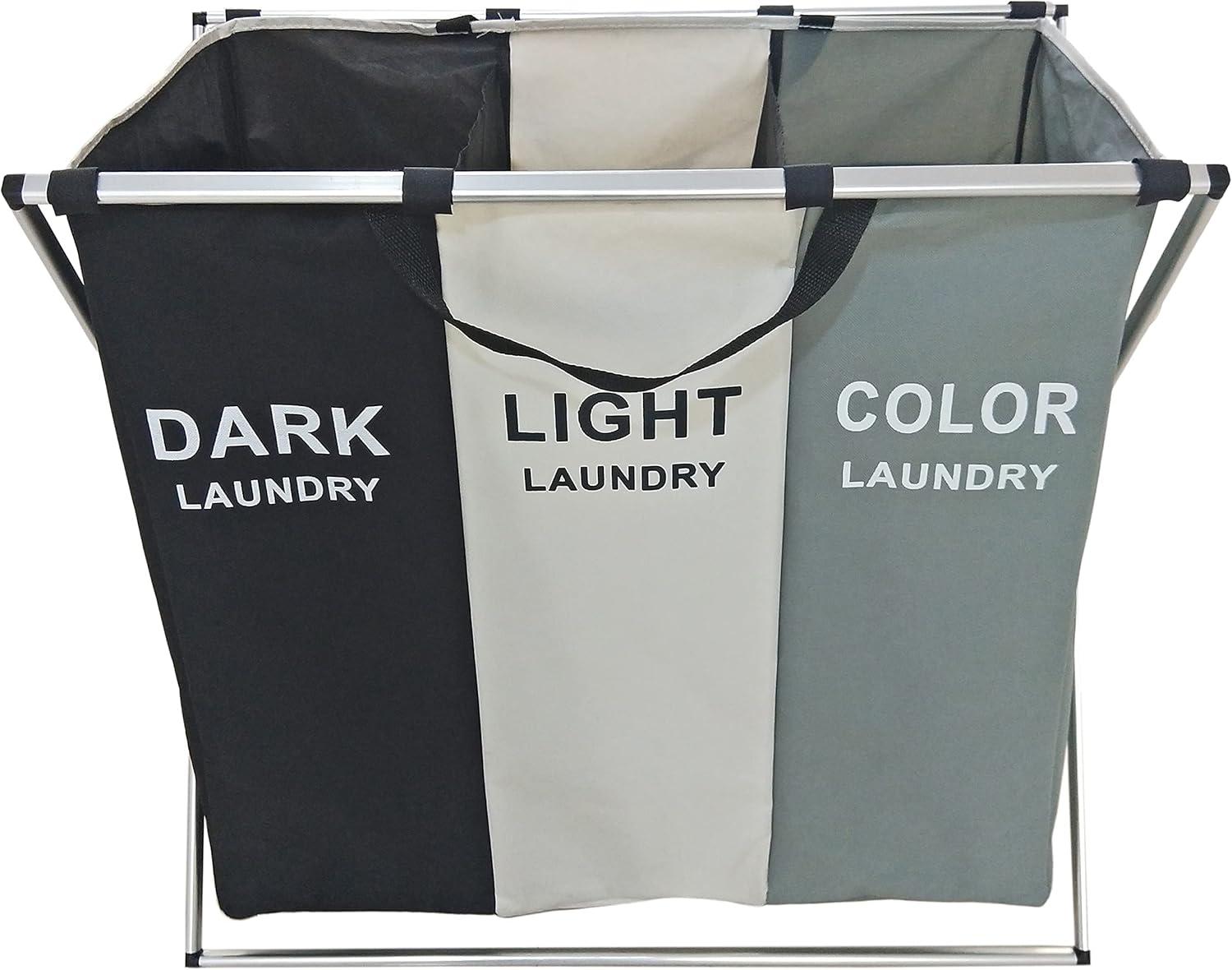 3 Section Laundry Basket for Dark, Light, and Color Clothes Hamper, Collapsible Design with Carry Handle, 26" Long x 15" Wide x 23.5" Tall