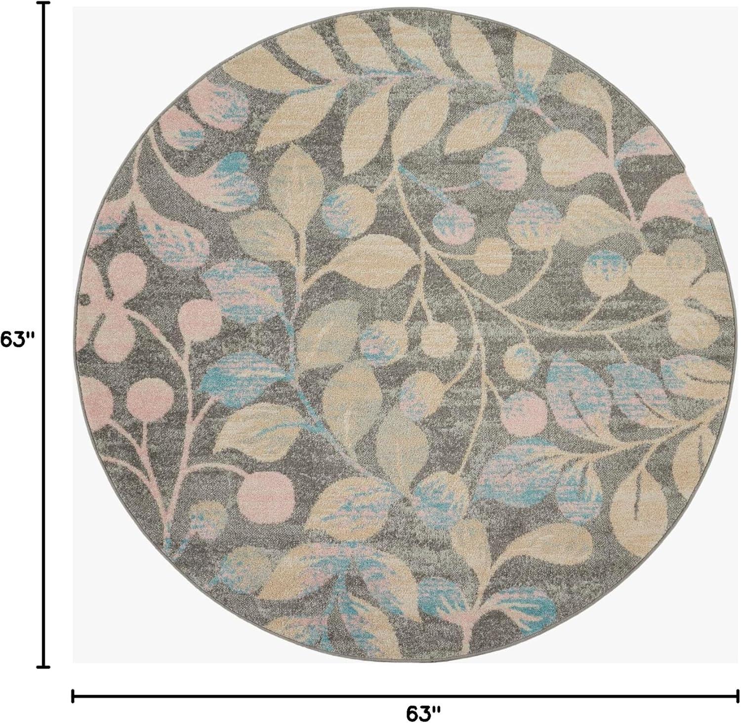 Nourison Tranquil 5'3" X ROUND (5' Round) Grey/Beige Area Rug Contemporary Botanical Vine and Bloom by Nourison