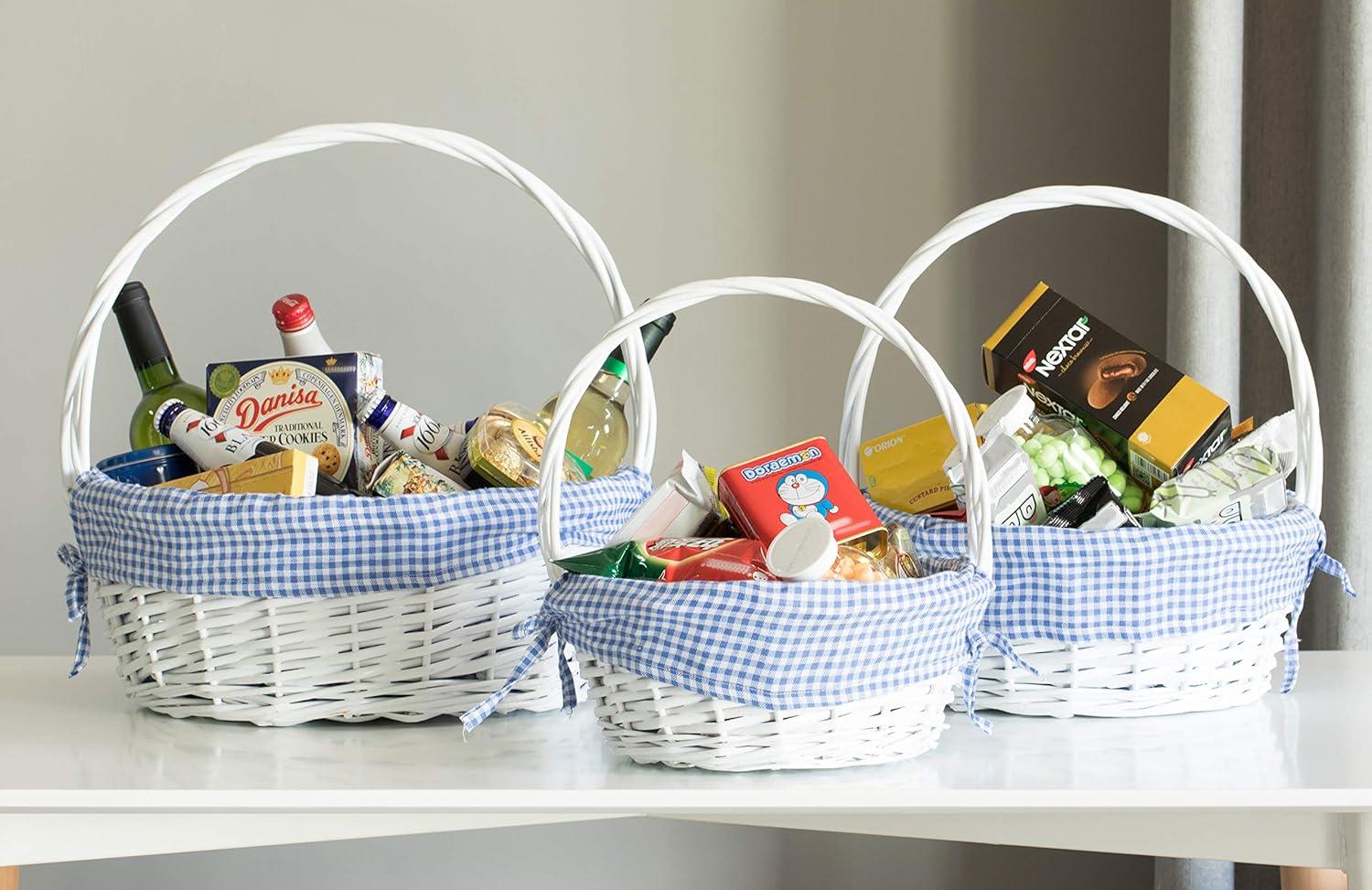 Vintiquewise White Round Willow Gift Basket, with Gingham Liner and Handle