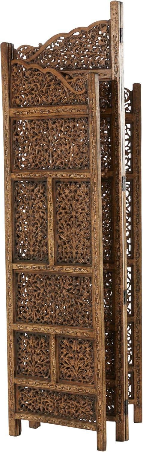 DecMode 80" x 72" Brown Wood Floral Handmade Foldable Arched Partition 4 Panel Room Divider Screen with Intricately Carved Designs, 1-Piece