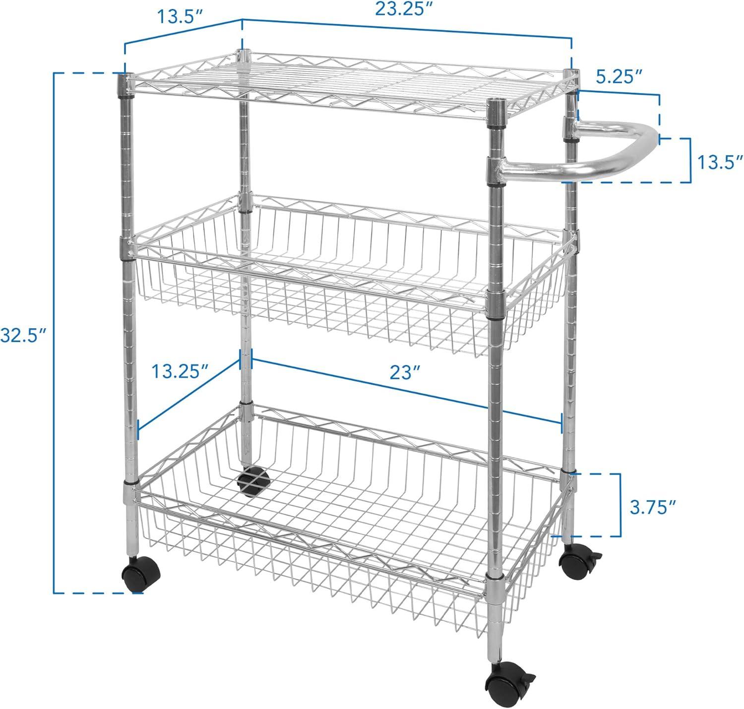 Mount-It! Mesh Wire Rolling Cart | 3-Tier Multi-Function Metal Trolley for Kitchen Storage and Organization with Lockable Wheels and Handle | Silver