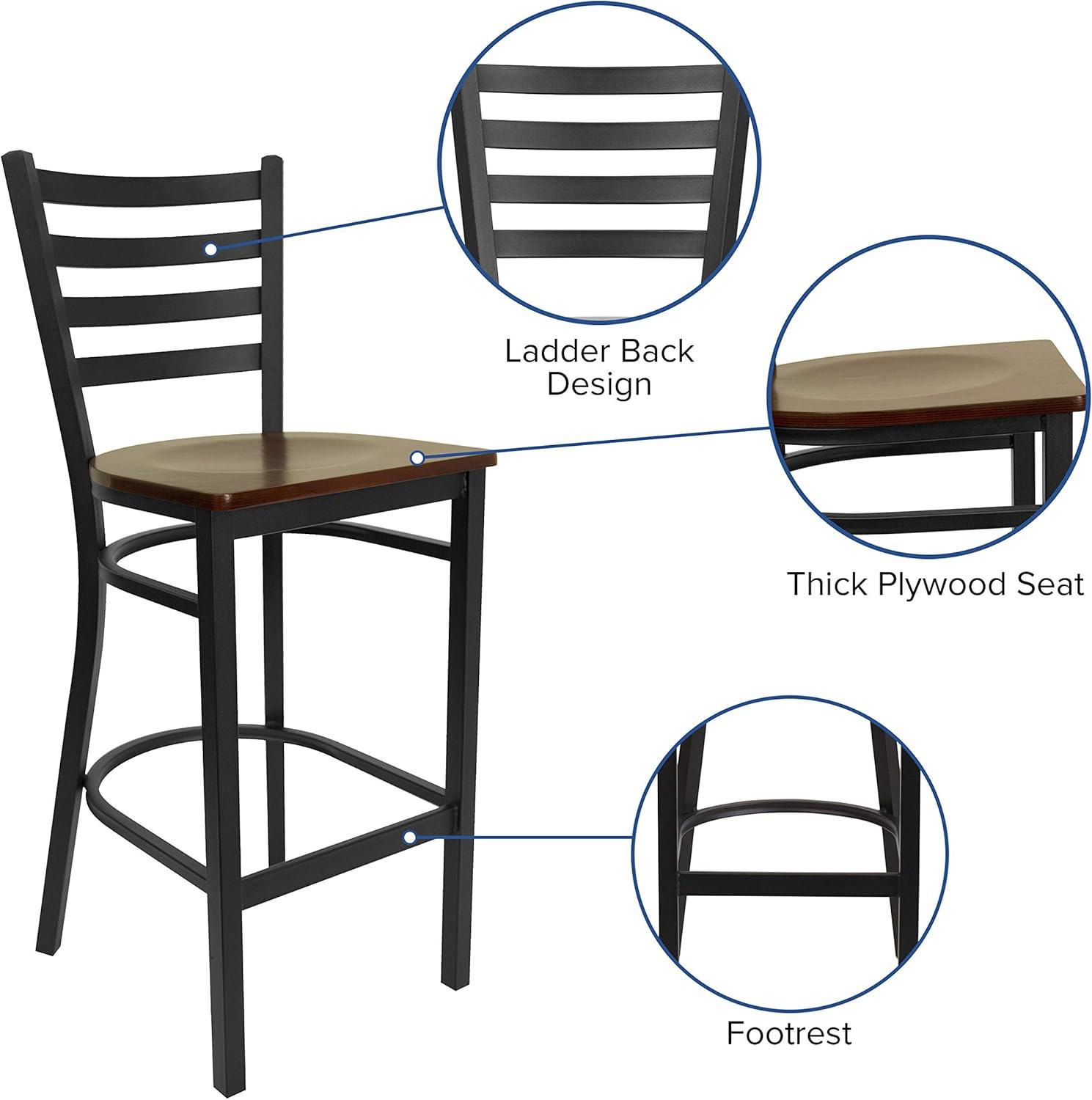 Flash Furniture HERCULES Series Black Ladder Back Metal Restaurant Barstool - Mahogany Wood Seat