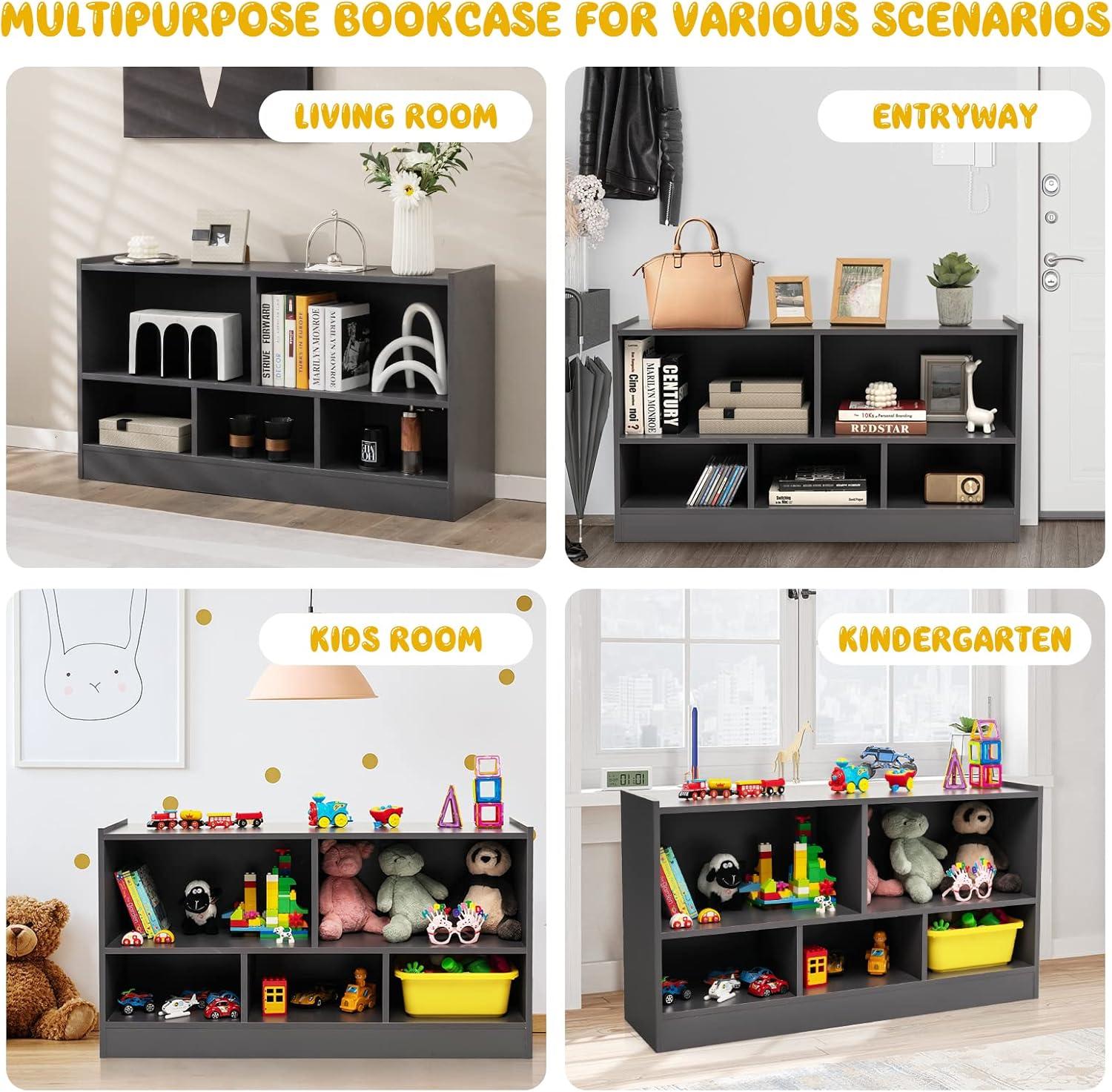 Costway Kids 2-Shelf Bookcase 5-Cube Wood Toy Storage Cabinet Organizer Grey