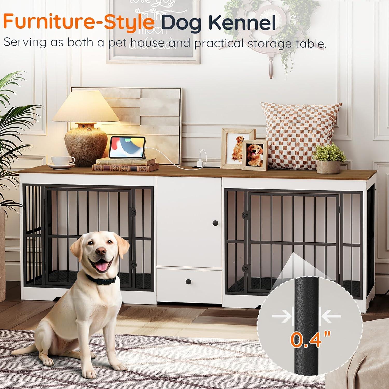 Tucker Murphy Pet™ 72.8 Inch Dog Crate Furniture For 2 Dogs, Farmhouse Double Dog Cage Furniture With Storage Cabinet And Drawer, Wooden Dog Kennel Tv Stand With Power Outlet