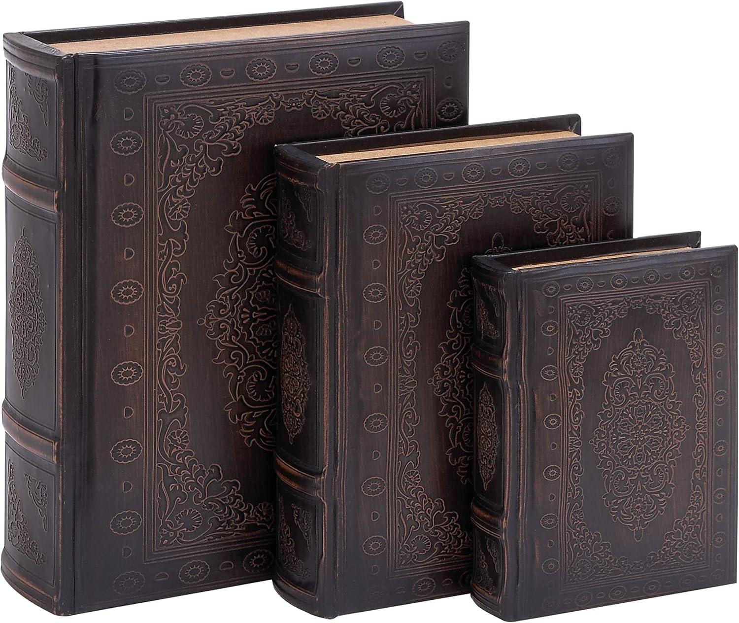 Vintage Illustration Dark Brown Wood & Faux Leather Decorative Book Box Set of 3