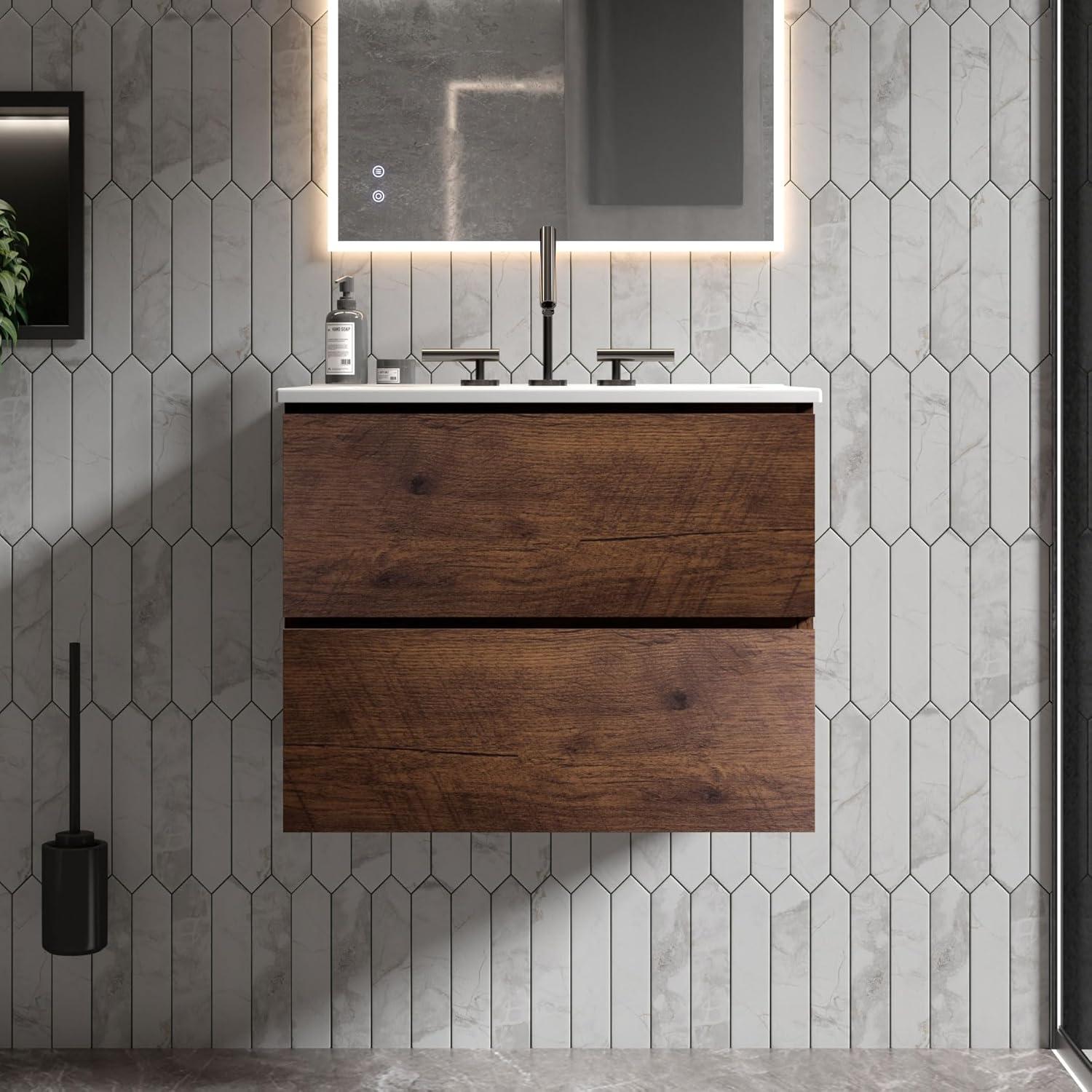 24" Walnut Floating Bathroom Vanity with Ceramic Sink