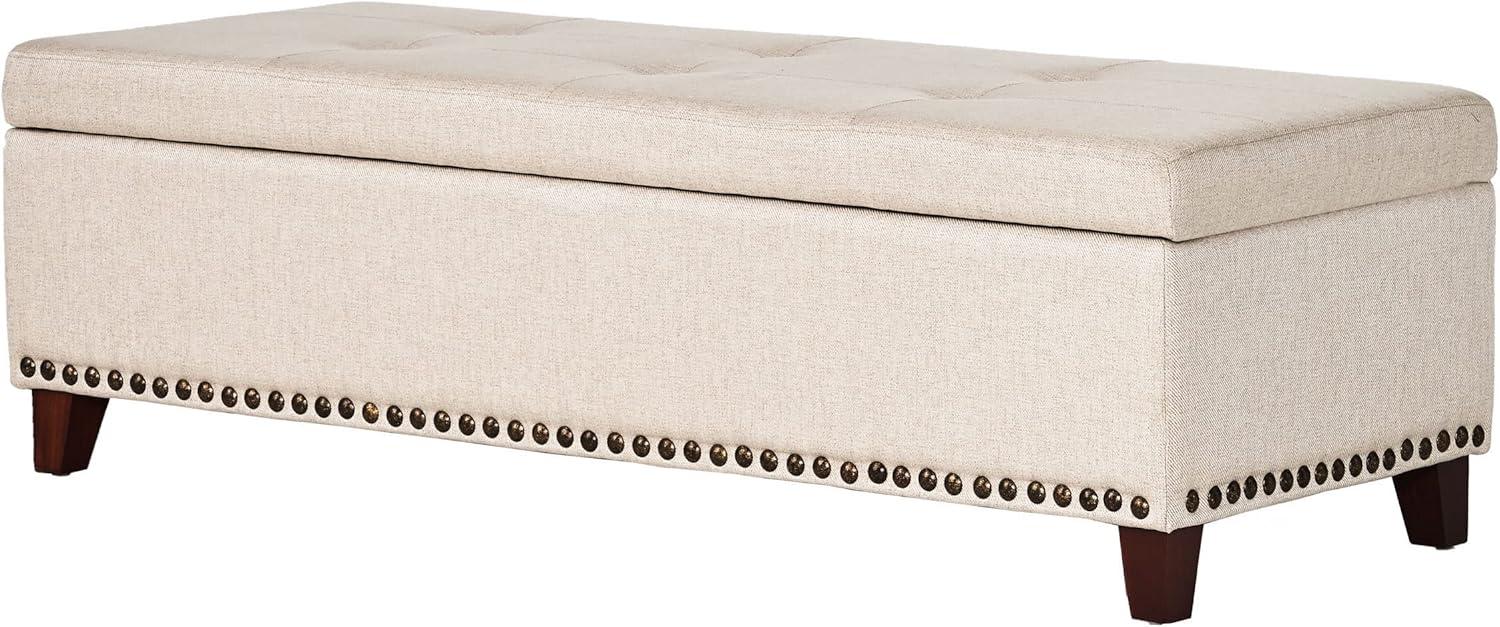 Beige Tufted Fabric Storage Ottoman with Nailhead Trim