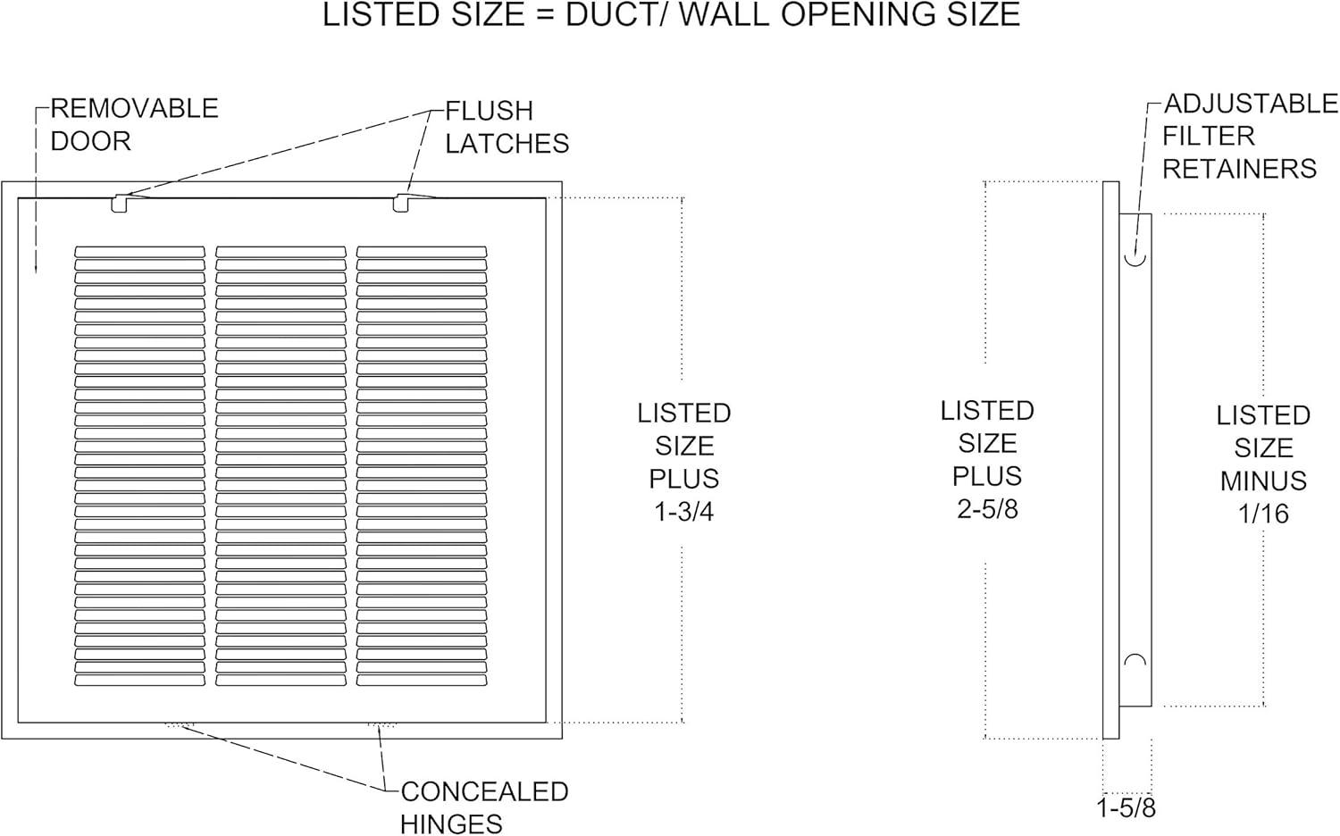 14x14 White Steel Return Air Filter Grille with Fixed Hinges