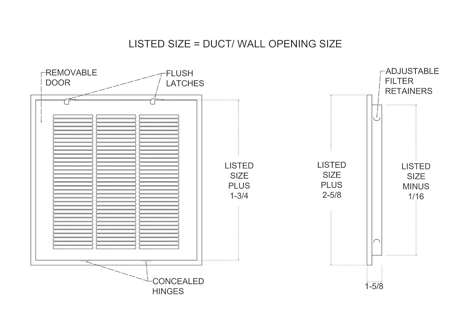14x14 White Steel Return Air Filter Grille with Fixed Hinges
