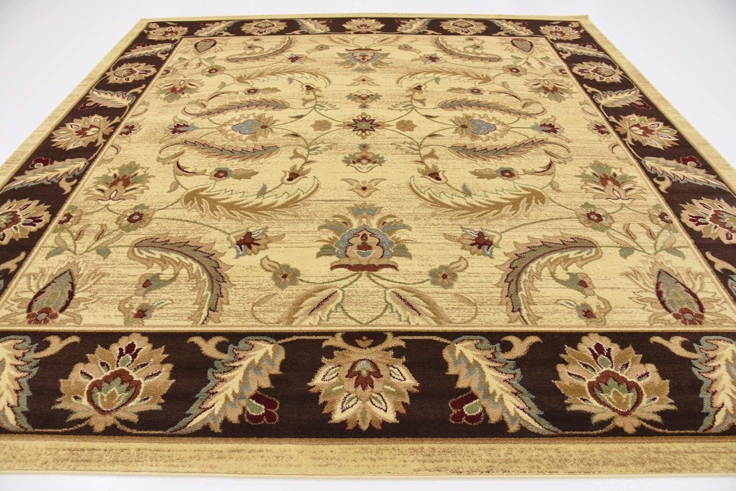 Elegant Cream Floral Square Shag Rug with Stain-Resistant Synthetic Fibers