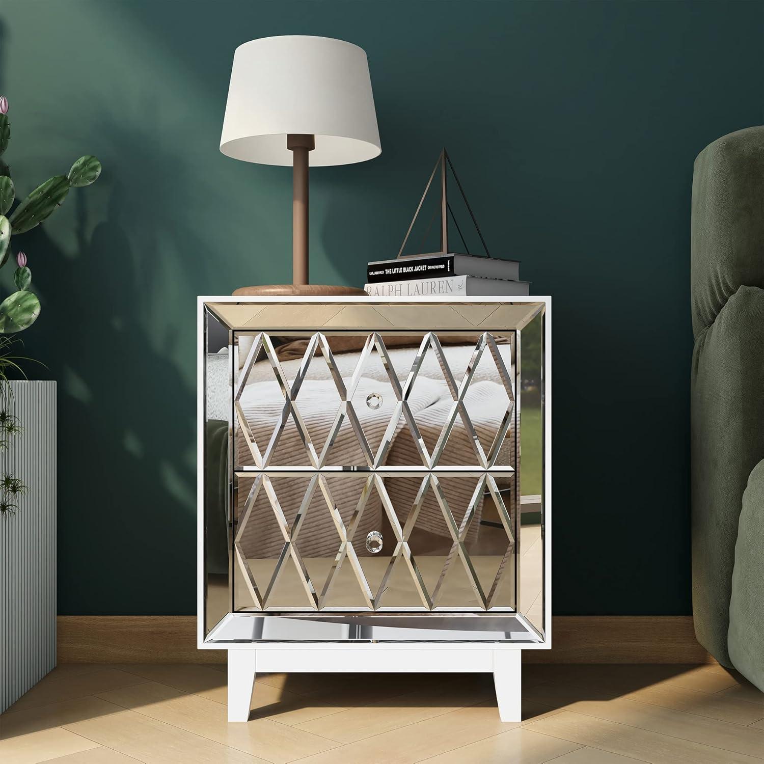 Silver Mirrored 2-Drawer Nightstand with Crystal Handles