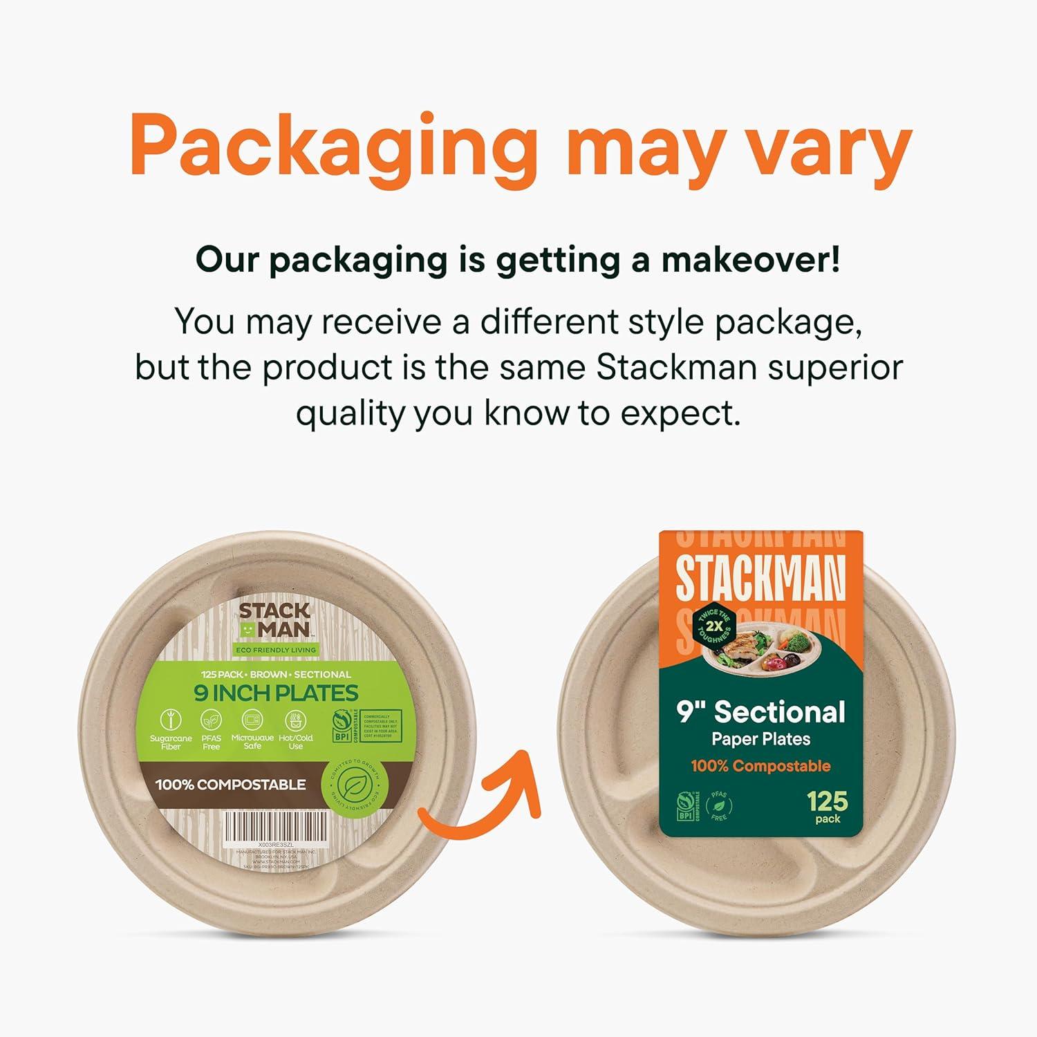 Stack Man 100% Compostable, 3 Compartment Section, Disposable Paper Plates [9 in. - 125-Pack] -Heavy Duty Biodegradable, BBQ, Lunch Trays