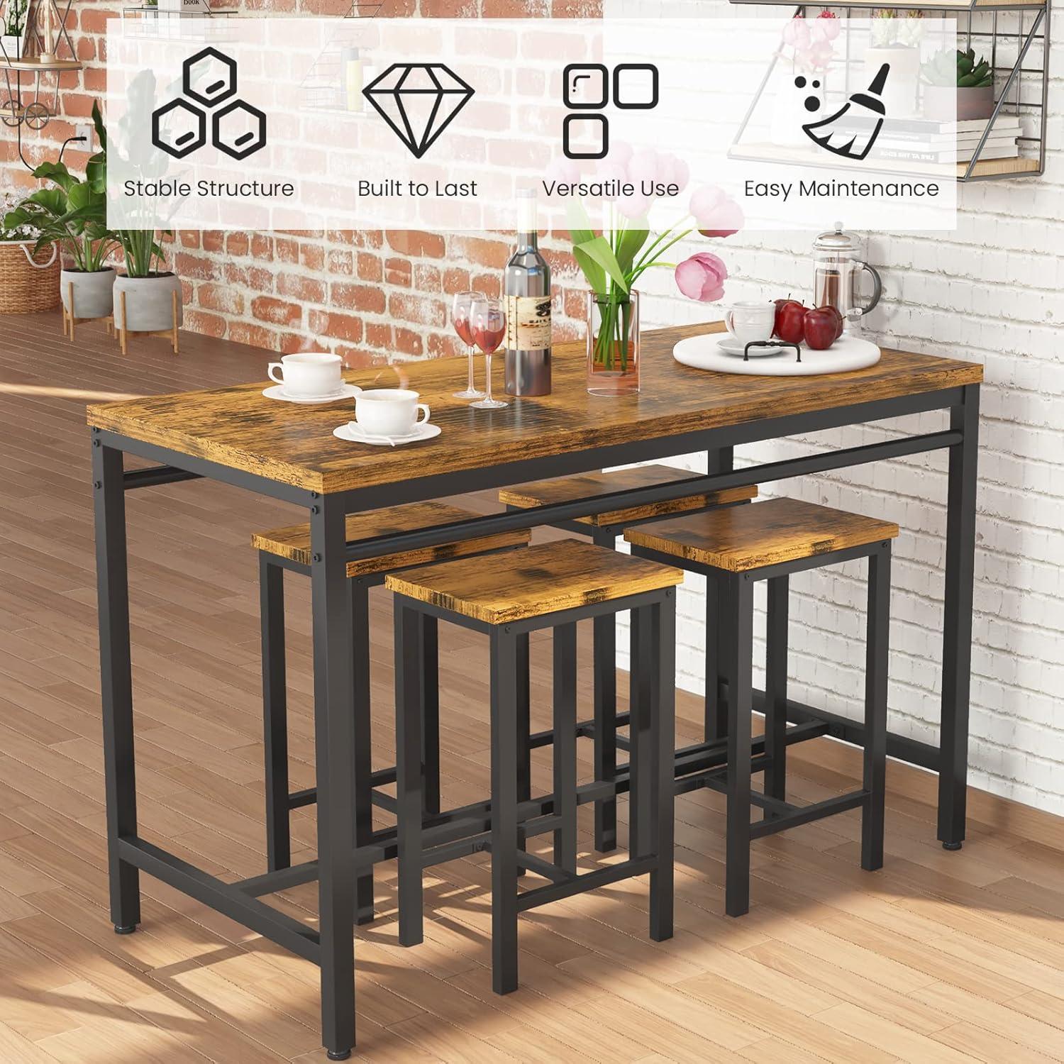Counter Height Bar Table Set, 5 Piece Dining Table Set, Modern Pub Table with 4 Stools, Home Dining Table and Stools Set, 4-Person Kitchen Breakfast Table Set, Rustic Brown, D8995