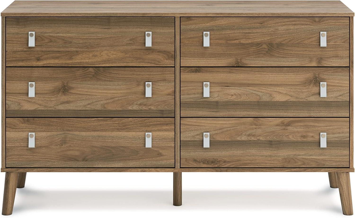 Honey Brown 6-Drawer Dresser with Faux Leather Pulls