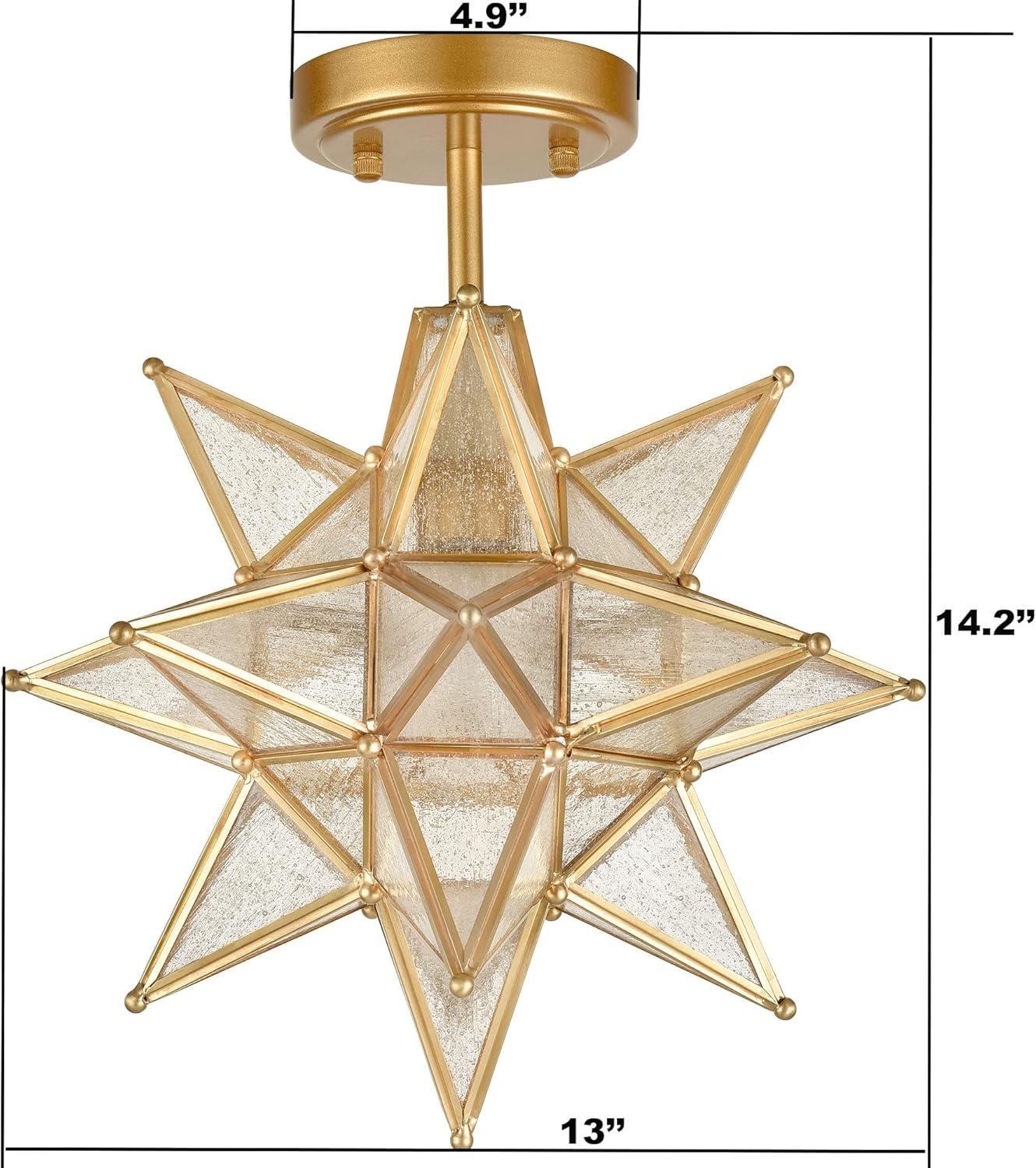 TANMAO  10-Inch Moravian Star Ceiling Light, Boho Moroccan Lamp with Seeded Glass Shade, Moravian Star Ceiling Light Modern Brass Flush Mount Lights for Office, Living Room, Dining Room, Kitchen