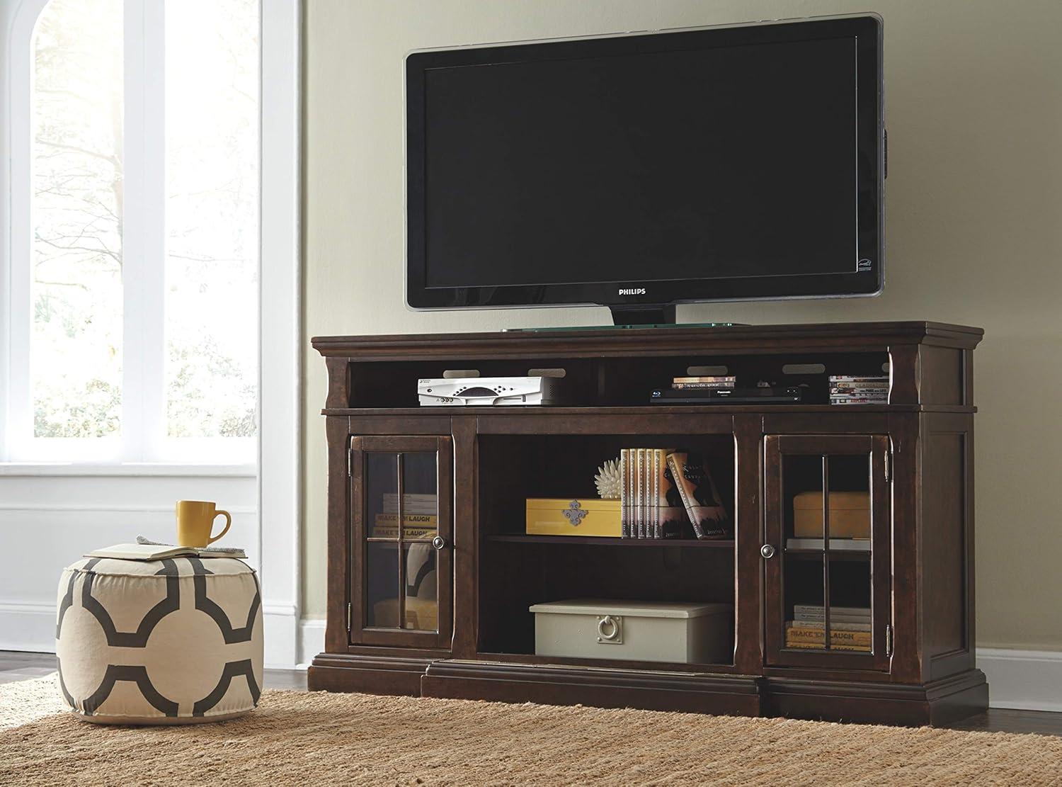 Ashley Roddinton 74" TV Stand with Marble Inset Base in Dark Brown