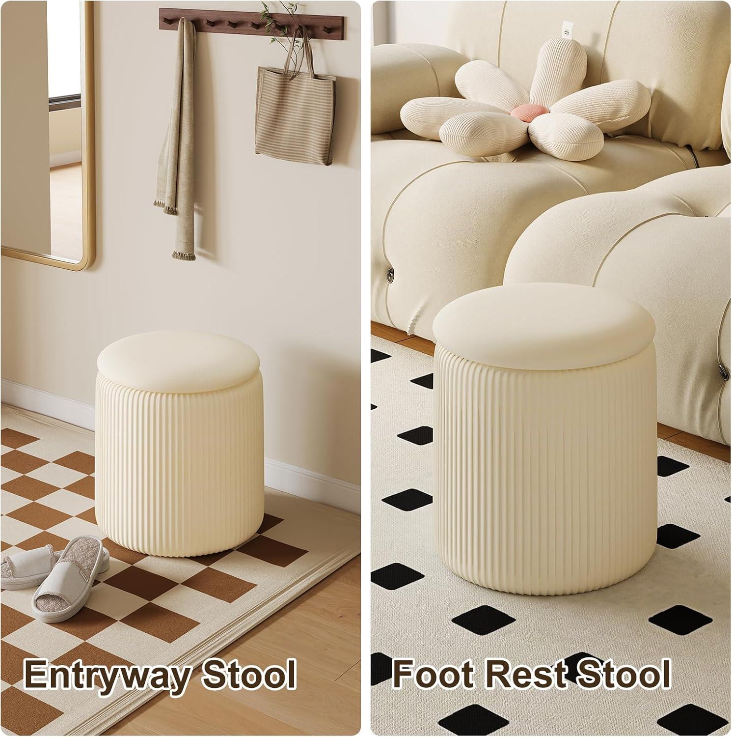 Cream Velvet Round Storage Ottoman Set with Removable Lid