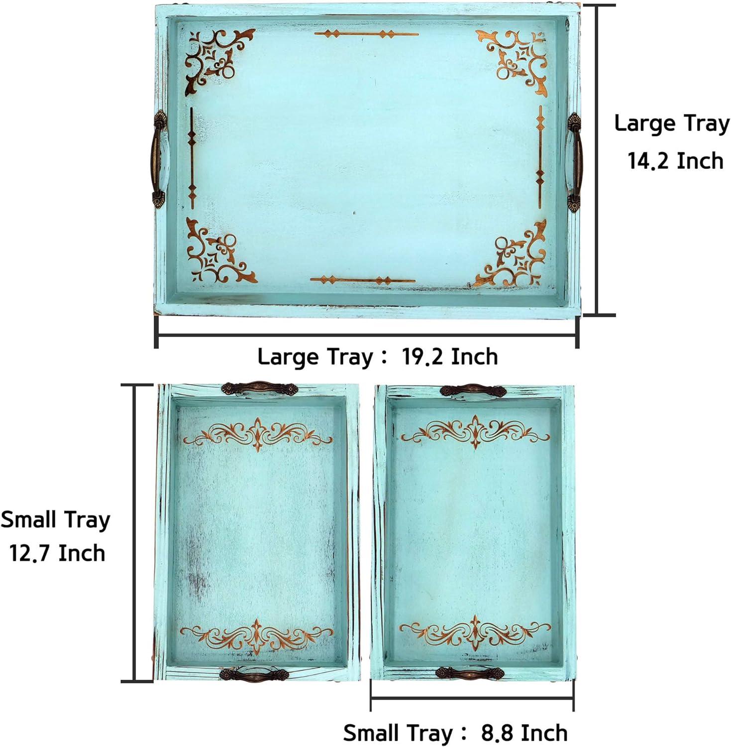 Vintage Aqua Blue Rustic Fir Wood Serving Tray Set with Handles