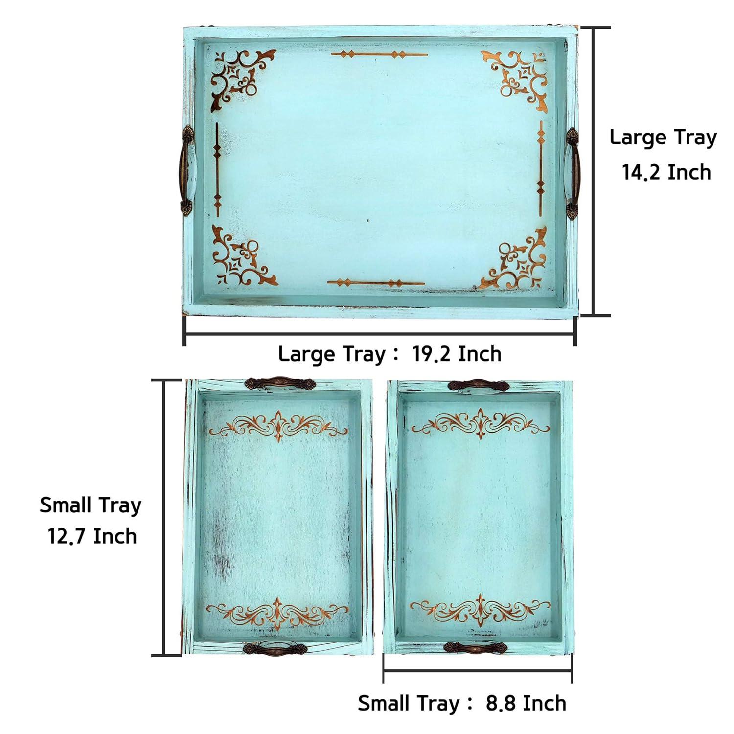 Modern 5th - Vintage Aqua Blue Rustic Wooden Serving Trays with Handles(Set of 3) Pattern Designed