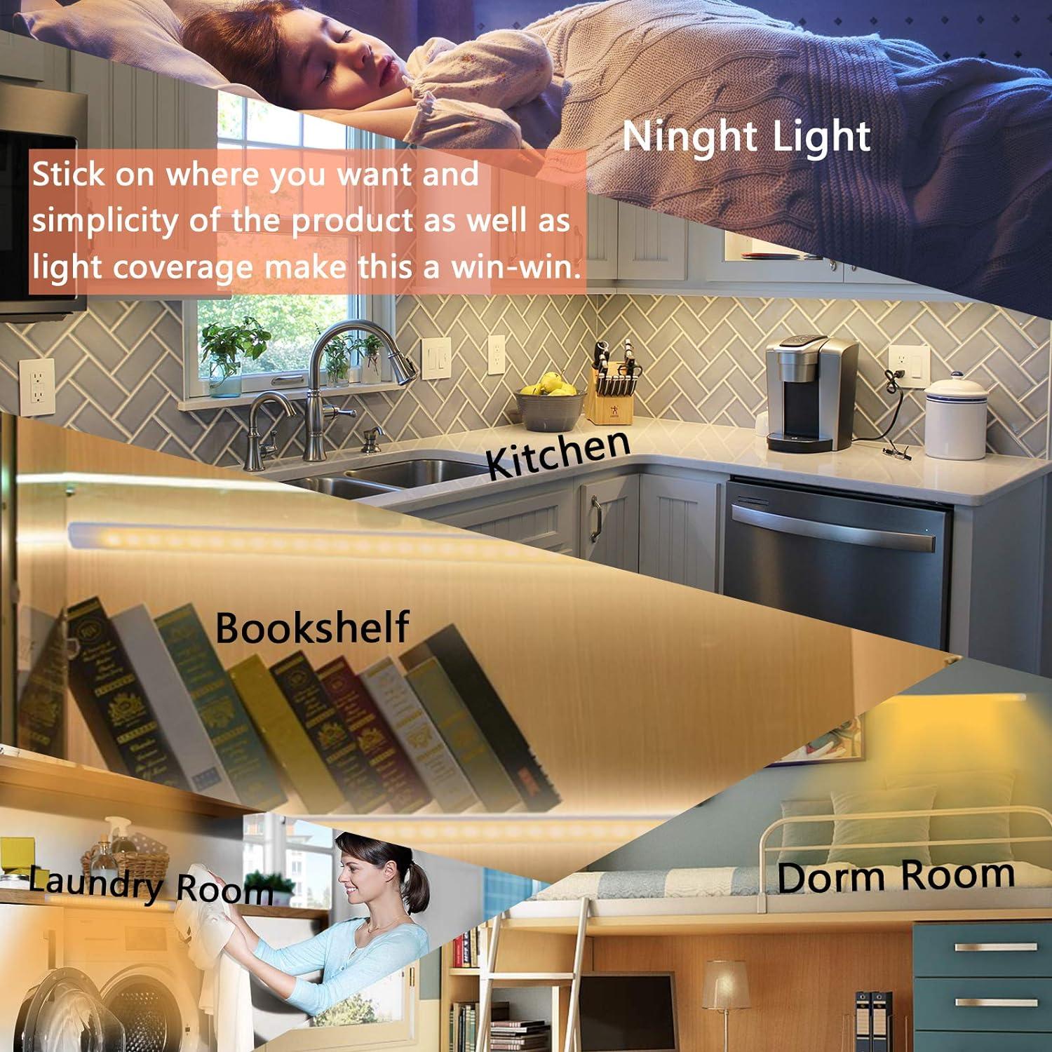 JUSJUBR Under Cabinet Lighting, 12Inch LED Sink Light with Memory Function, Warm White 3000K Dimmable USB Under Desk Light, Slim LED Light Bar for Room (Without Plug)