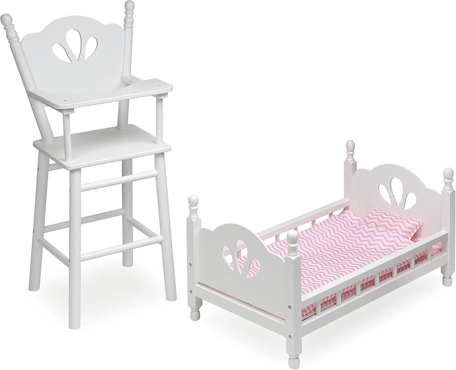 English Country Doll High Chair and Bed Set with Chevron Bedding - White/Pink