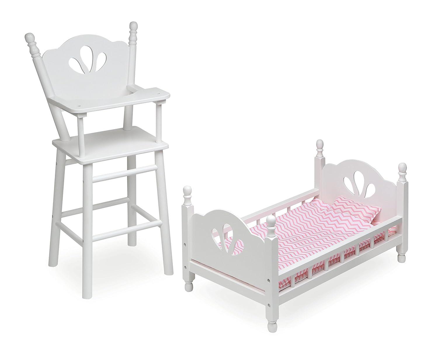English Country Doll High Chair and Bed Set with Chevron Bedding - White/Pink