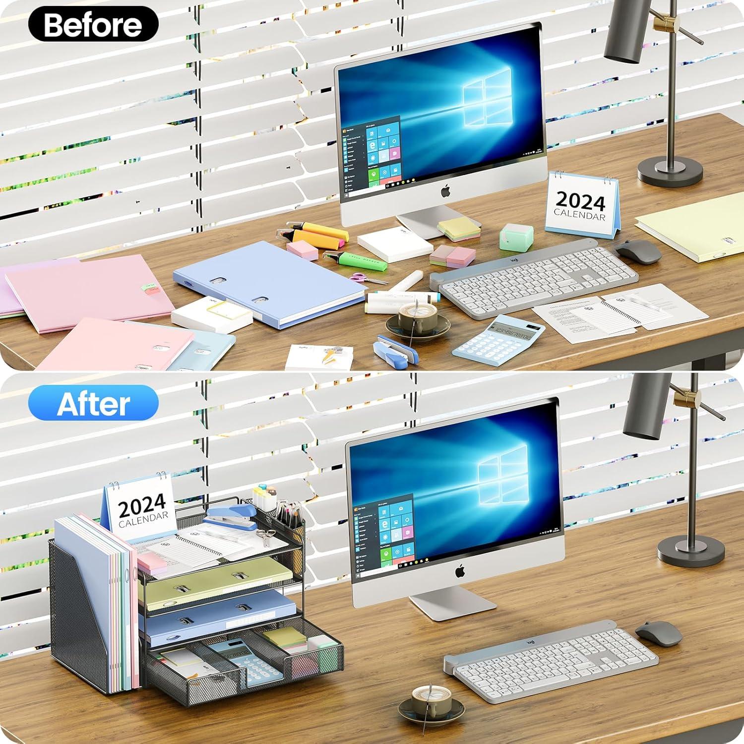 Desk Organizer and Accessories, 4-Tier Desktop File Organizer with Drawer and 2 Pen Holders, Office Desk Accessories for Office Supplies(Black)