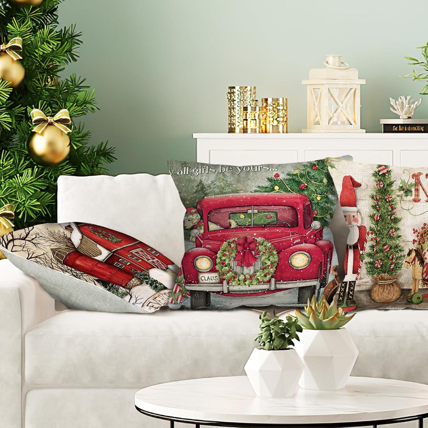 4 Pack Christmas Red Throw Pillow Covers, Linen Home Christmas Decorations, Christmas Pillows Cushion Cover Sofa Couch Pillowcases, Xmas Series Cushion Pillow Cover Zippered Pillowcase (christmas-31)