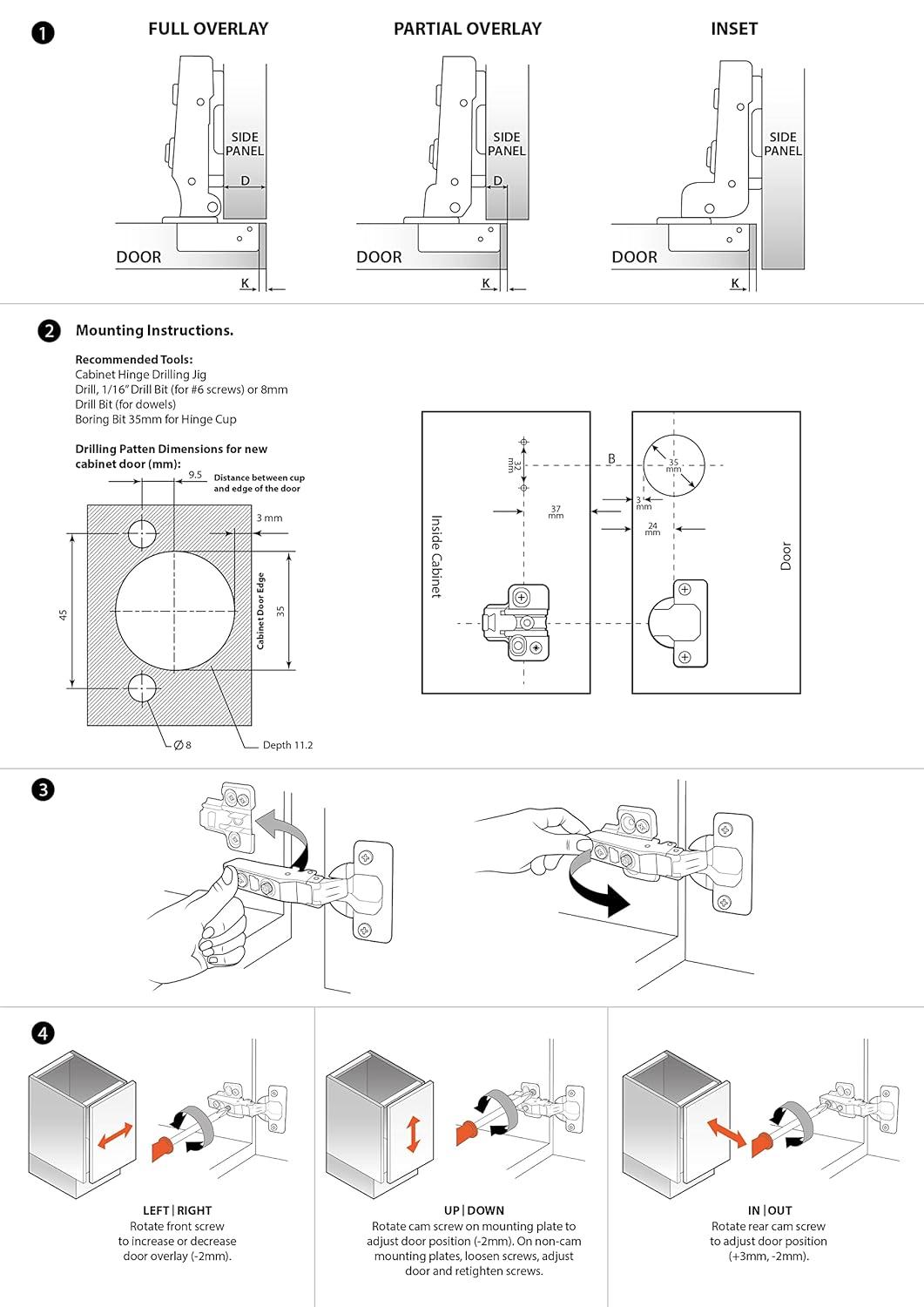 Decobasics Half Overlay -105° Frameless Cabinet Door Hinge -3 Way Adjustability