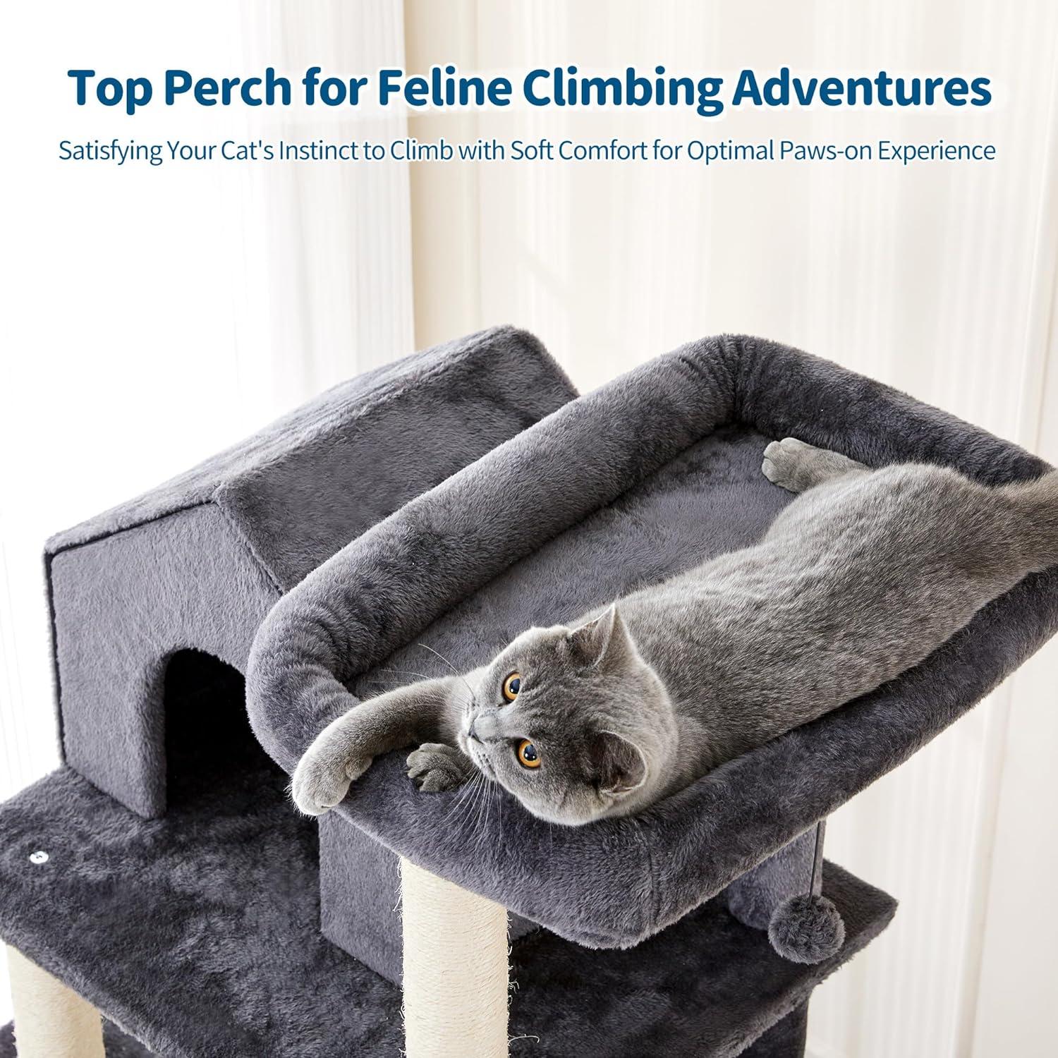 Gray 60 inch Multi-Level Cat Tree with Sisal Posts and Hammock