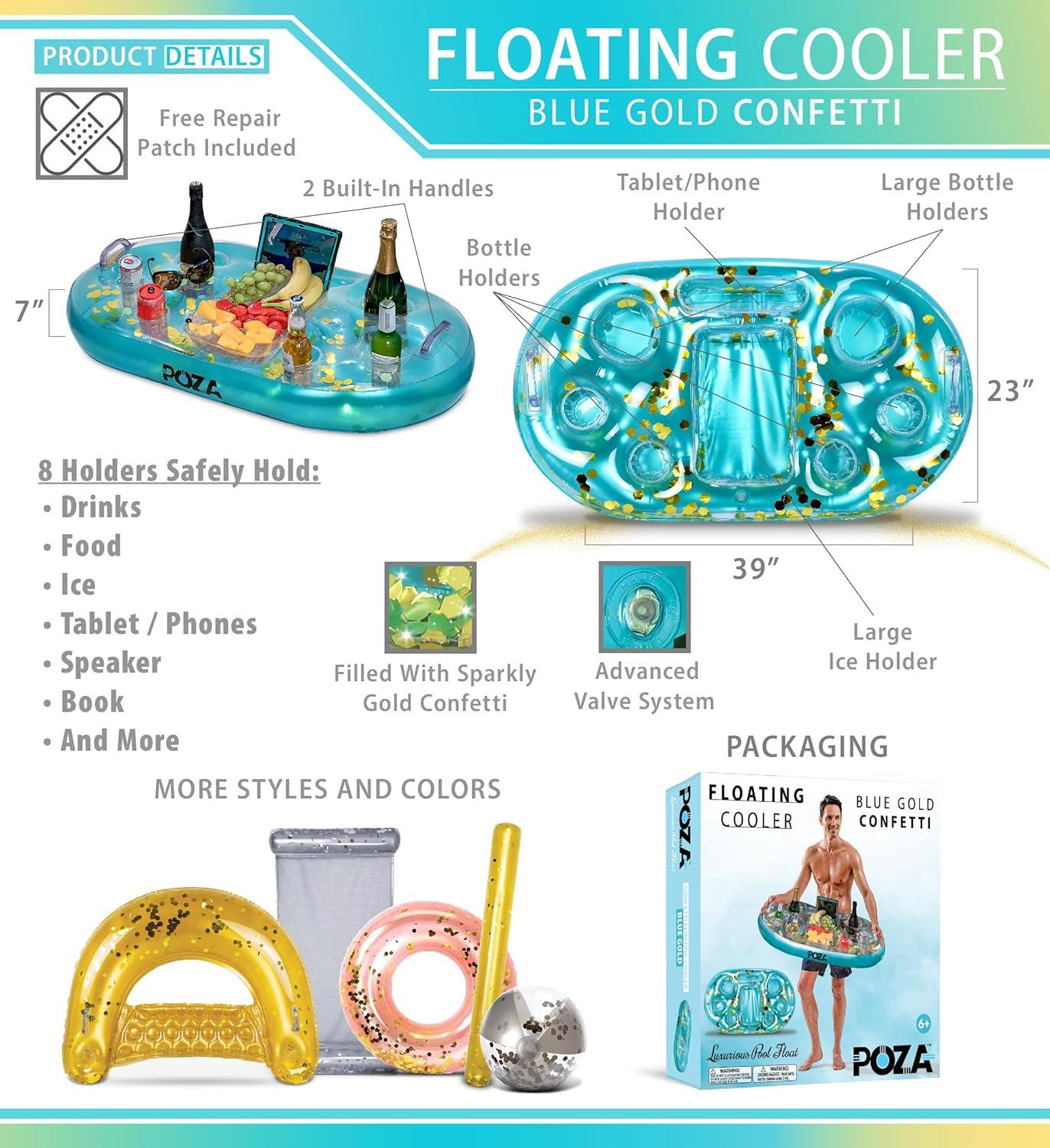 Luxurious Blue and Gold Inflatable Floating Cooler with Sparkly Confetti