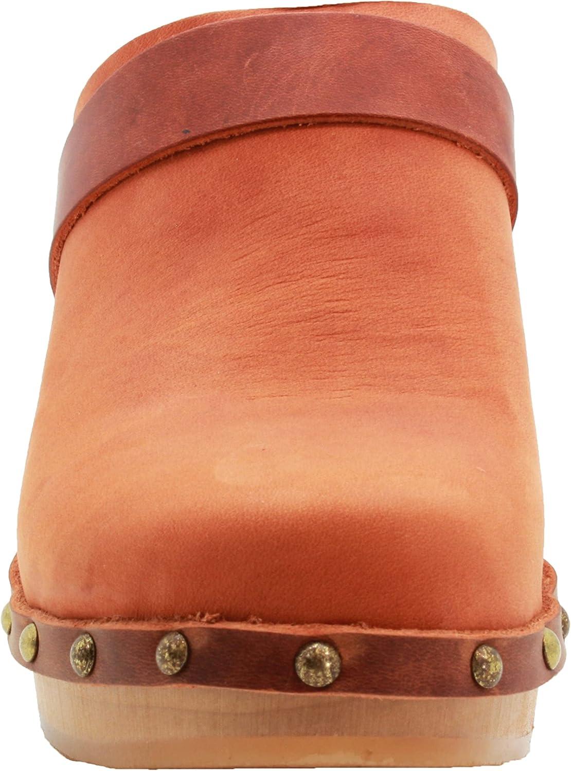 Terracotta Genuine Leather Mid-Heel Clogs with Wood Outsole