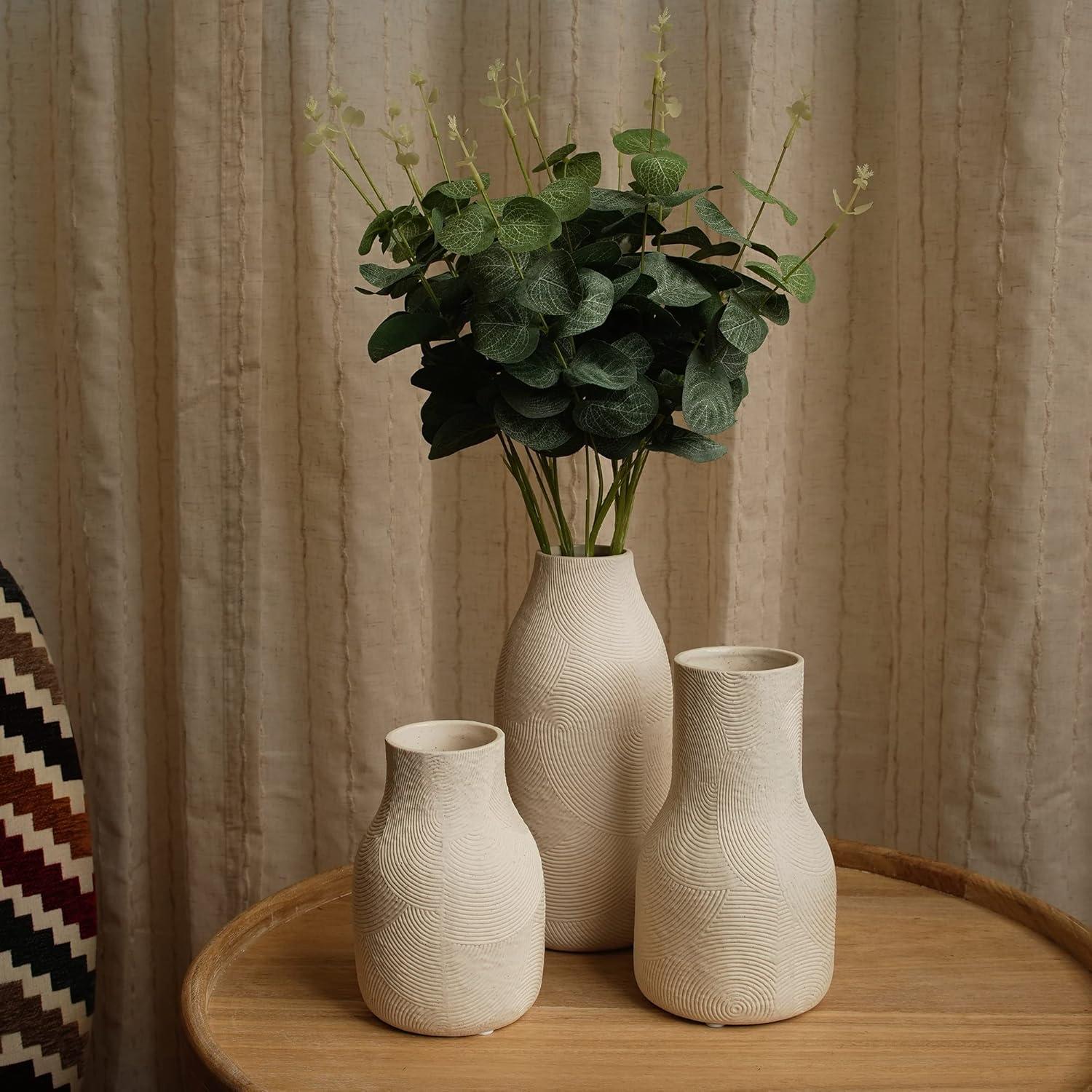 Matte White Textured Ceramic Vase Set of 3